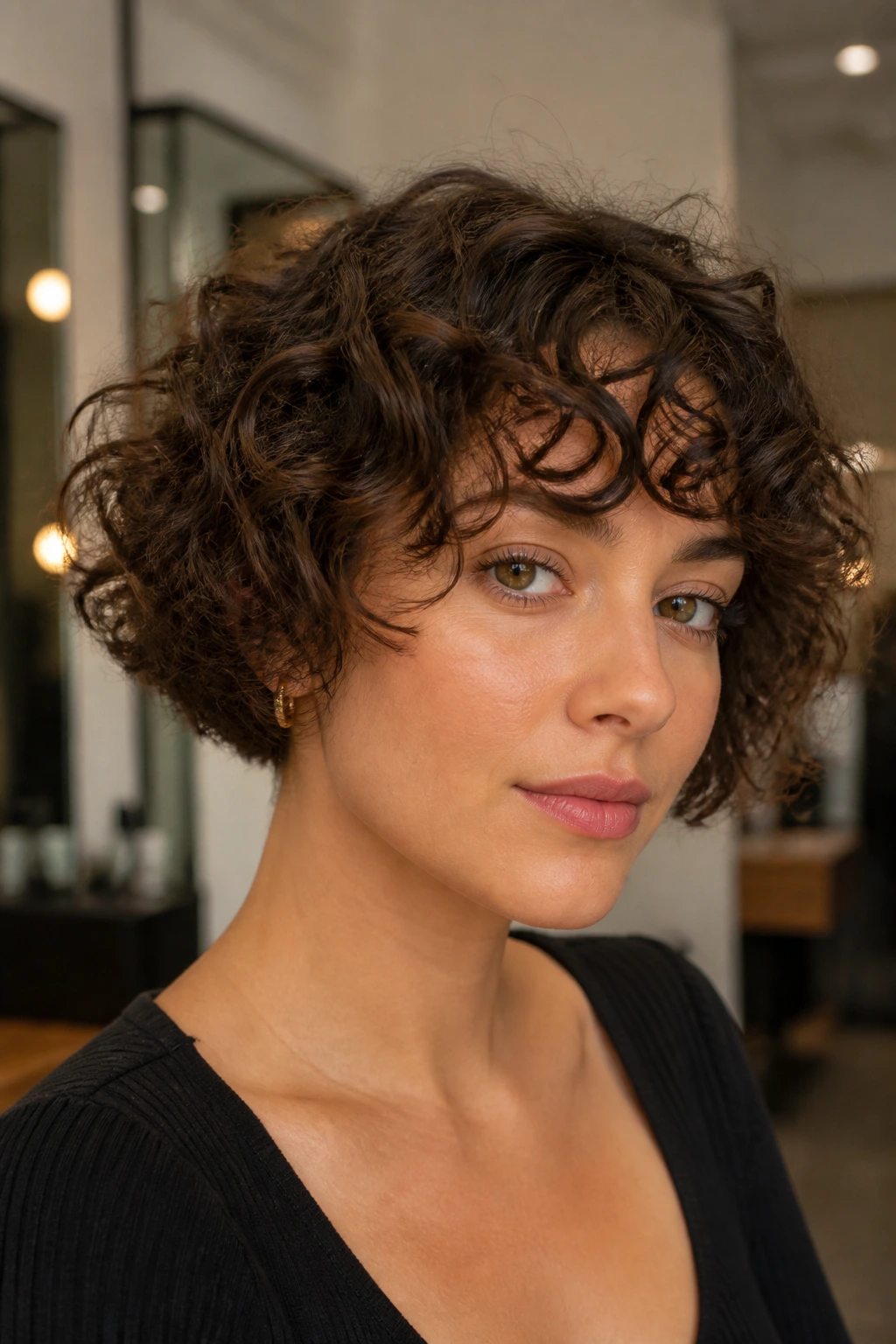Close-up of a real woman with micro French bob and cheekbone fringe in a salon