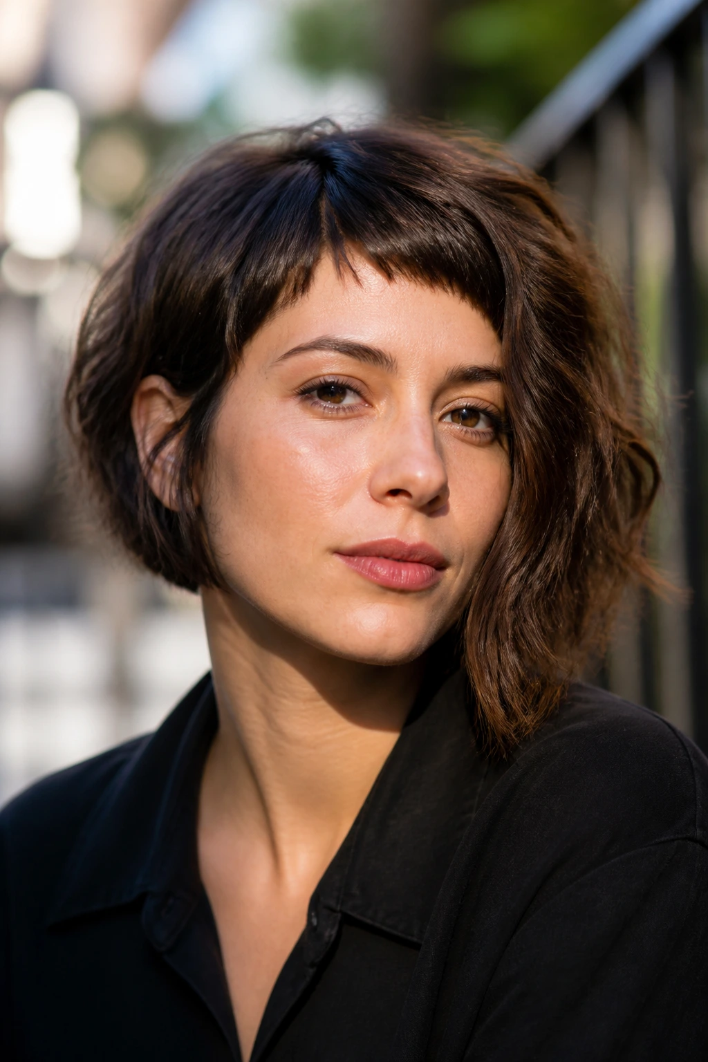 Close-up of a real woman with micro-fringe asymmetrical bob in an outdoor setting