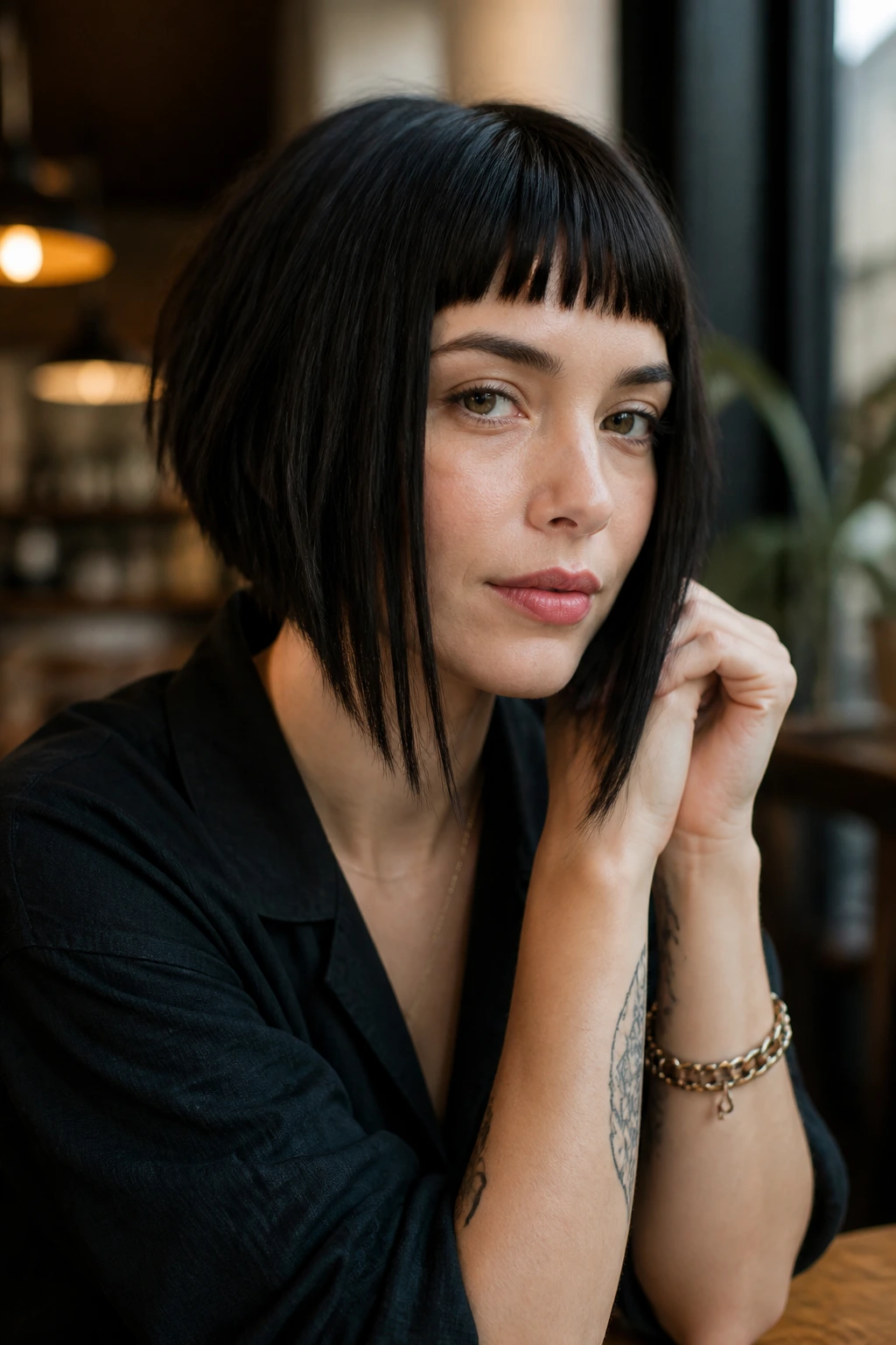 Portrait of a real woman with micro fringe and long front pieces.