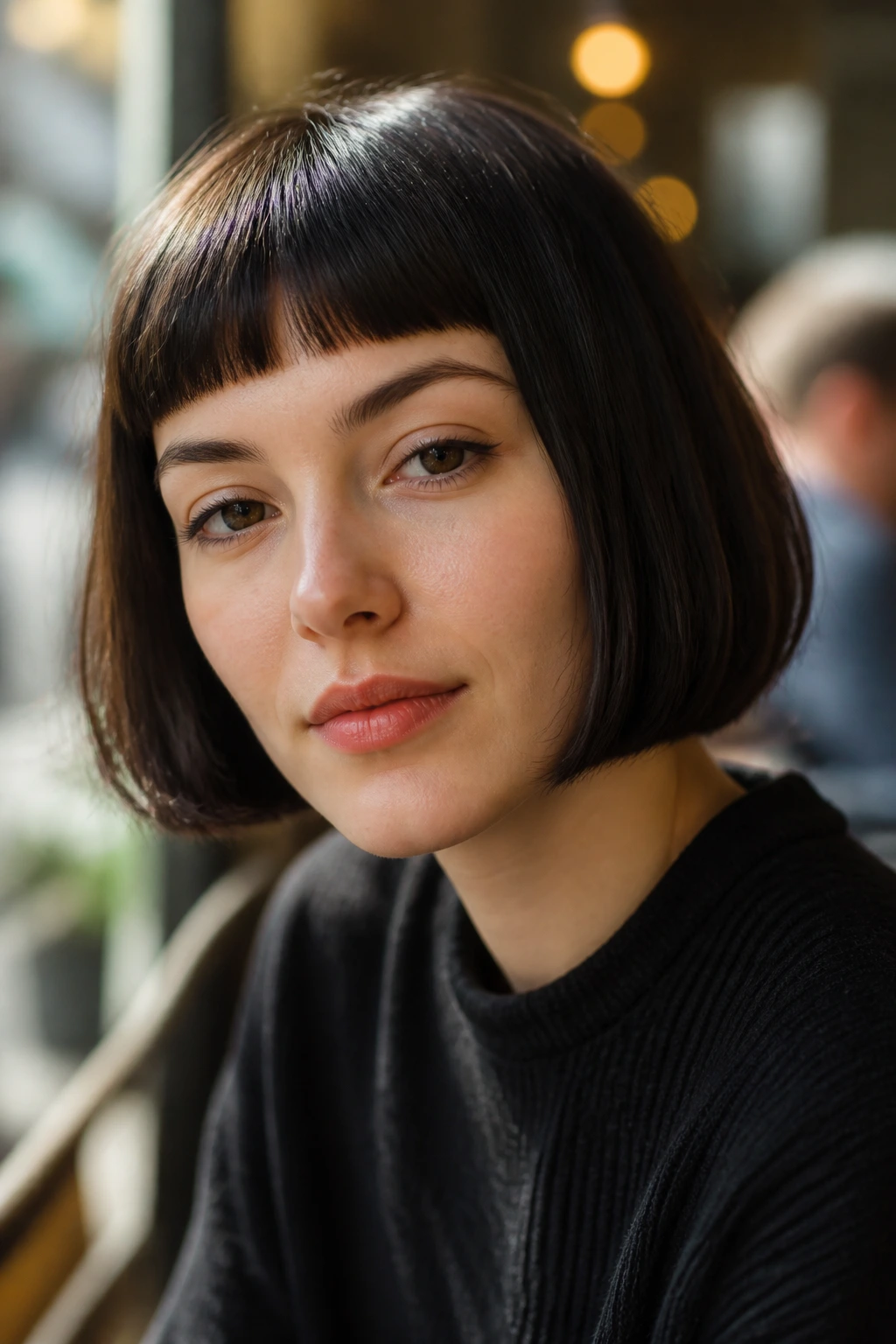 Close-up of a real woman with a micro fringe bob in warm cafe light