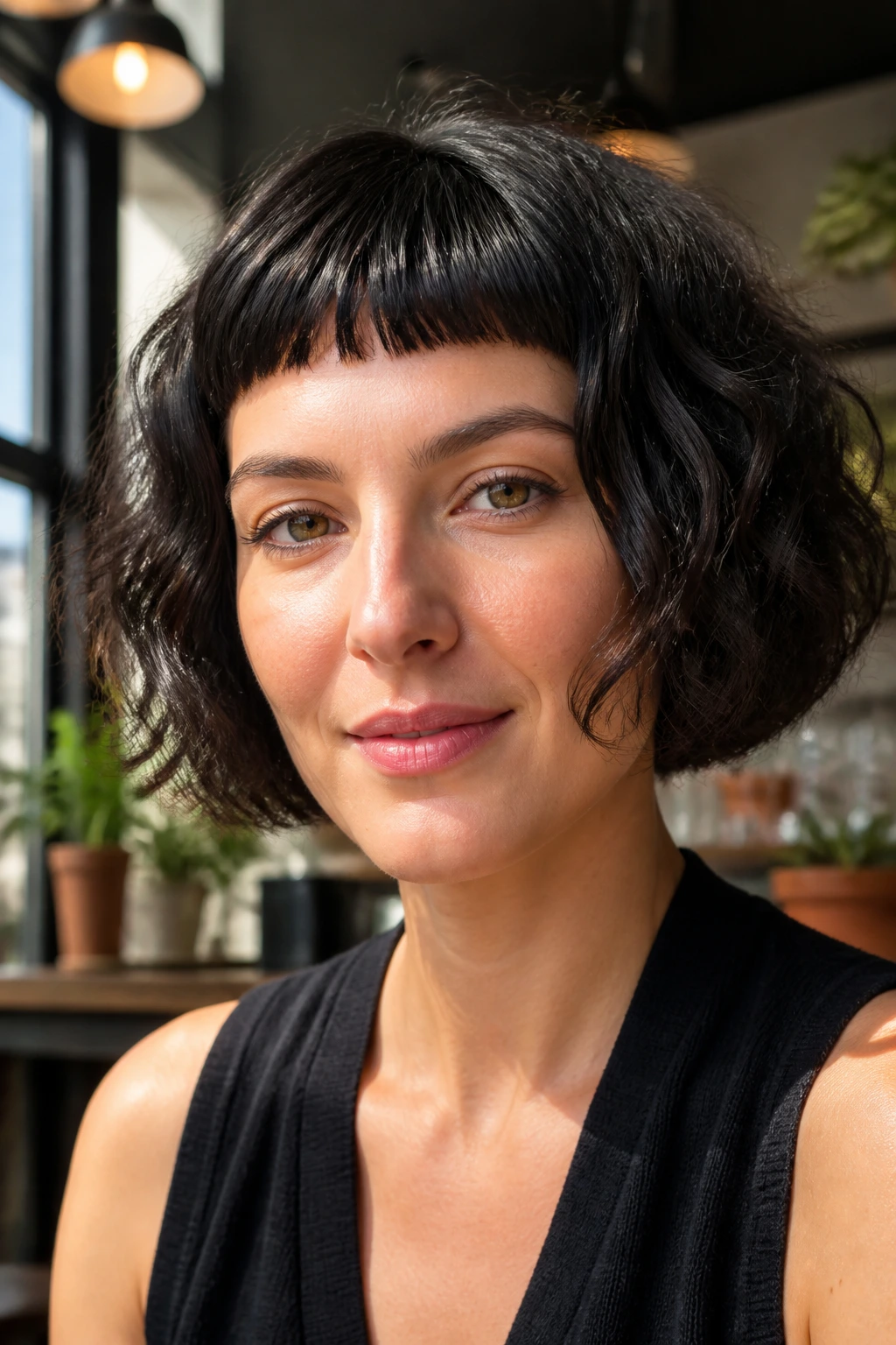 Close-up portrait of a woman with a micro fringe bob