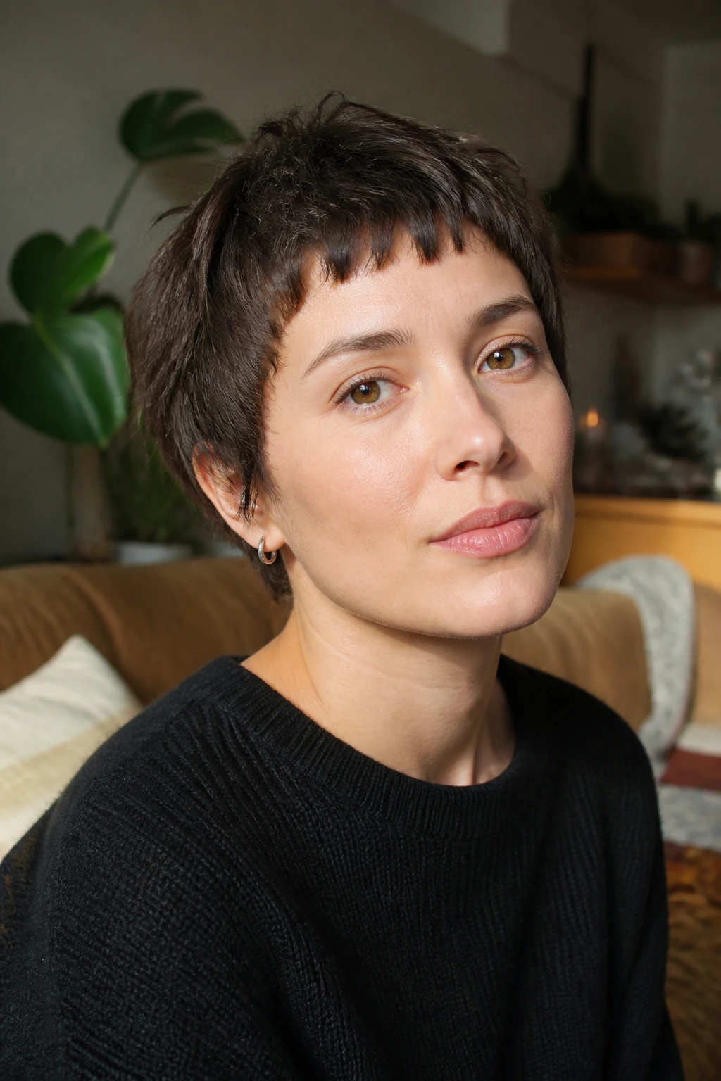 Close-up portrait of a real person with a micro fringe and choppy crop in warm indoor lighting.
