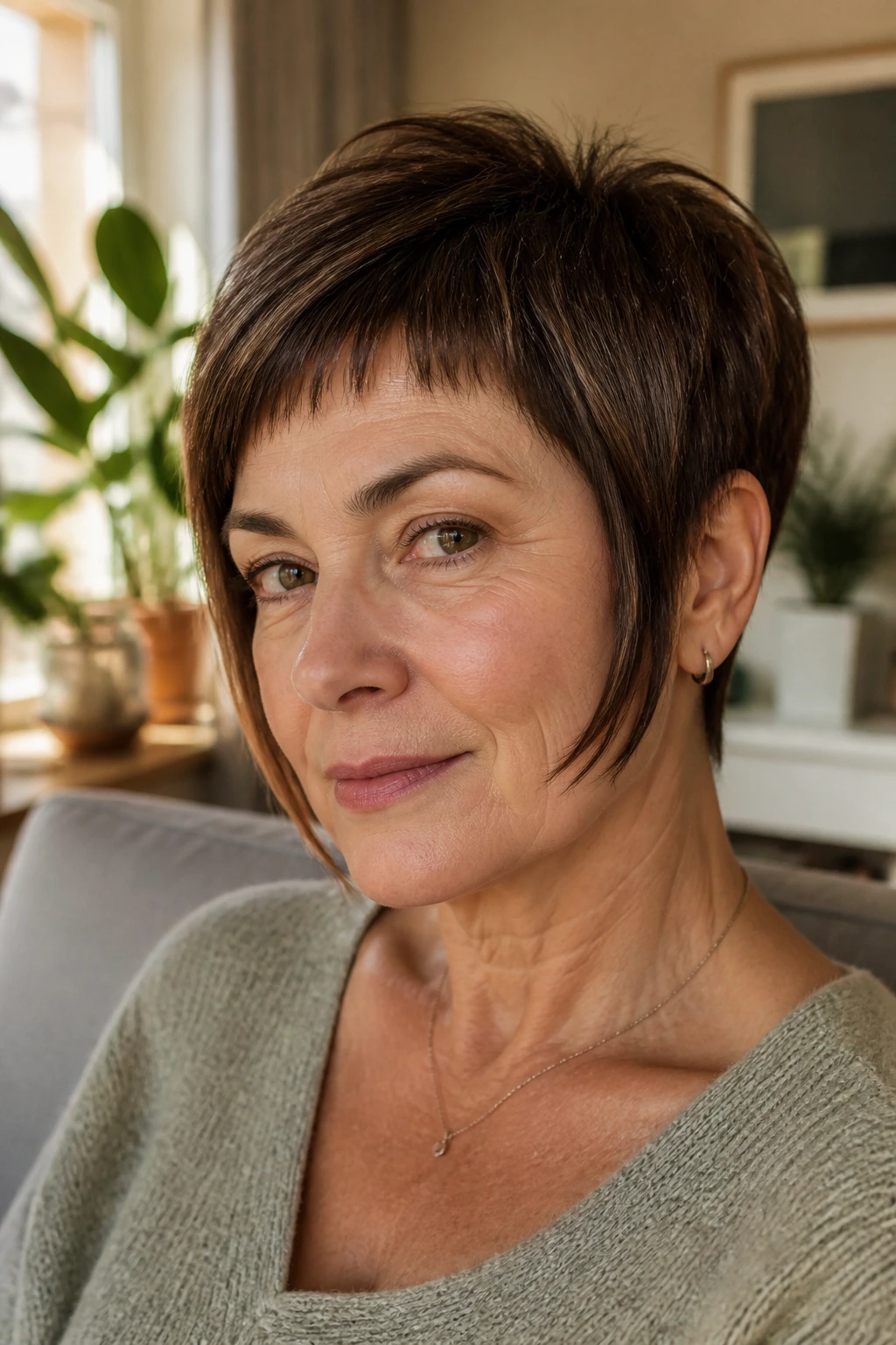 Close-up of a woman with micro fringe and long corners framing the face