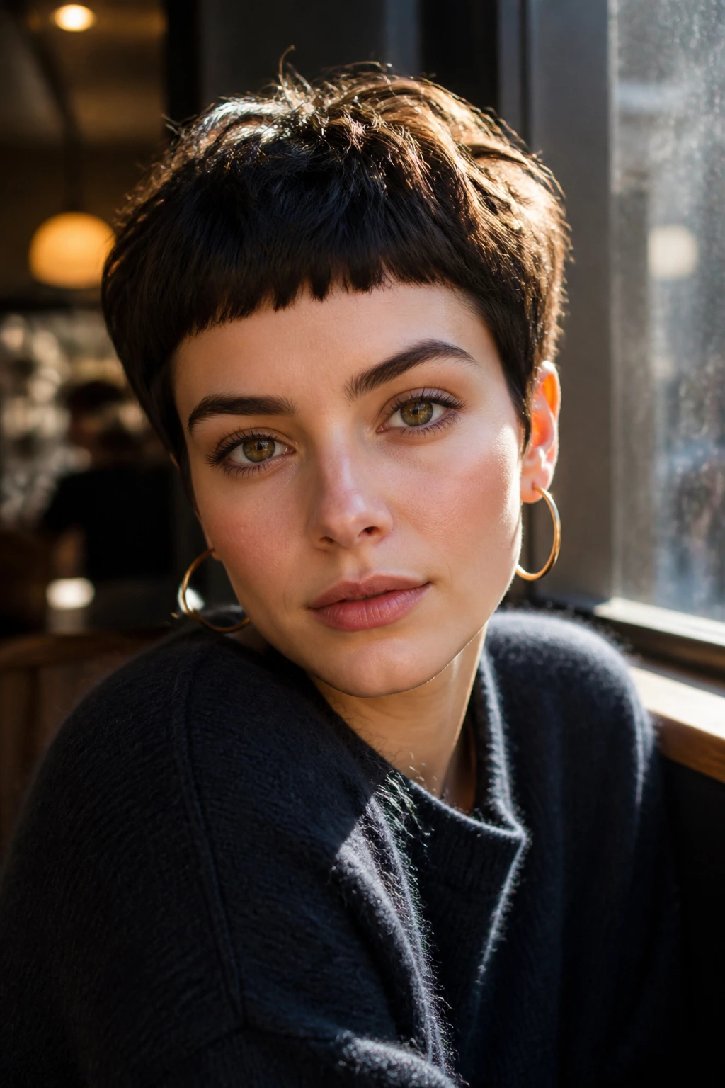 Real woman with micro fringe bold short bangs in golden hour light