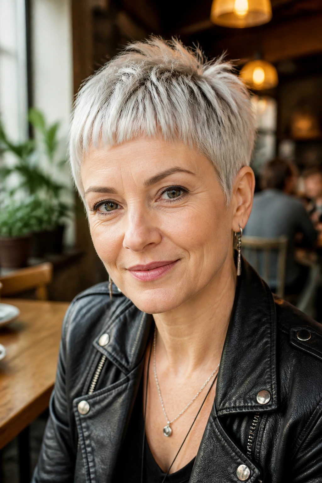 Close-up portrait of a real woman with micro-fringe crop hairstyle