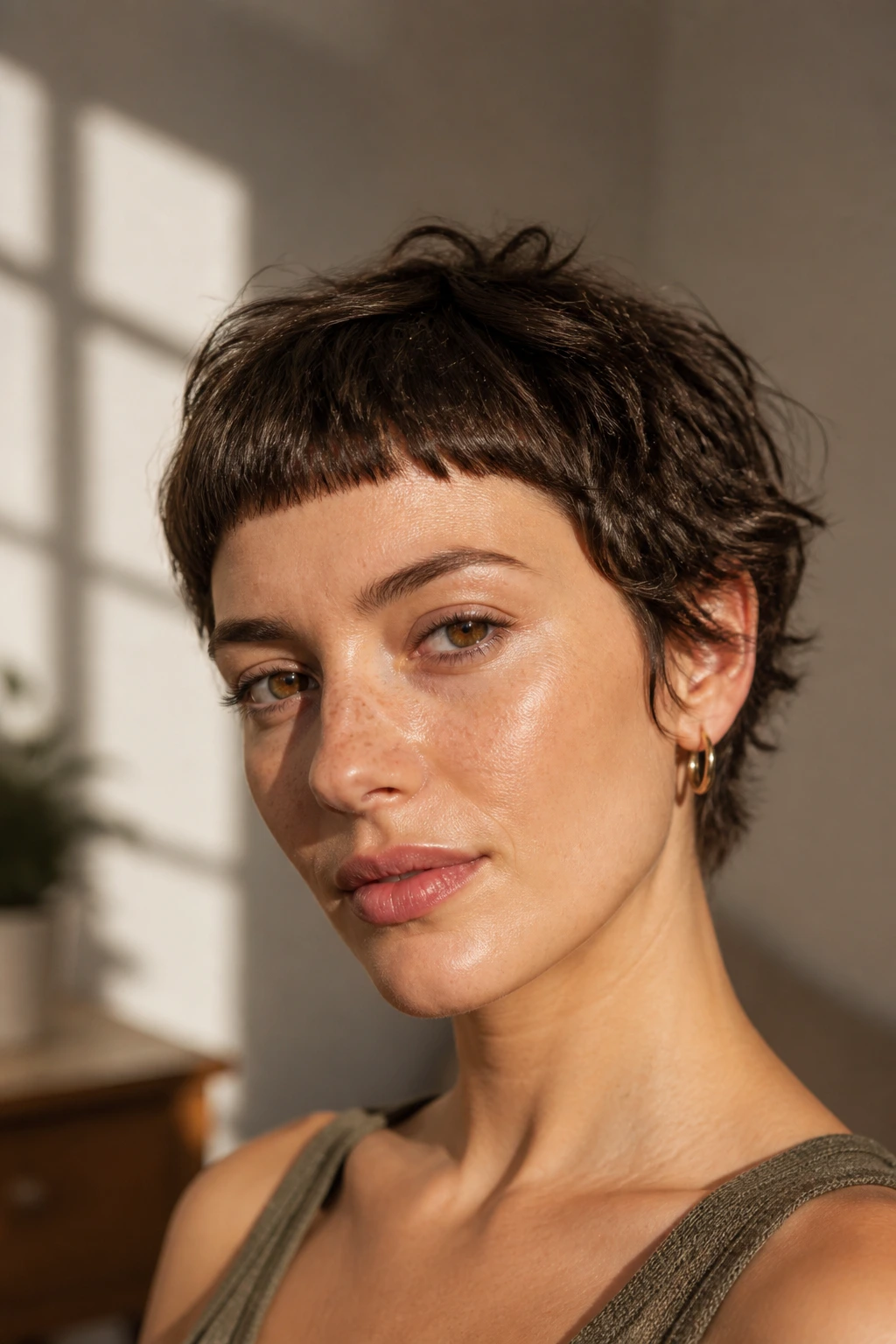 Close-up portrait of a real woman with a micro fringe crop and short, textured waves.