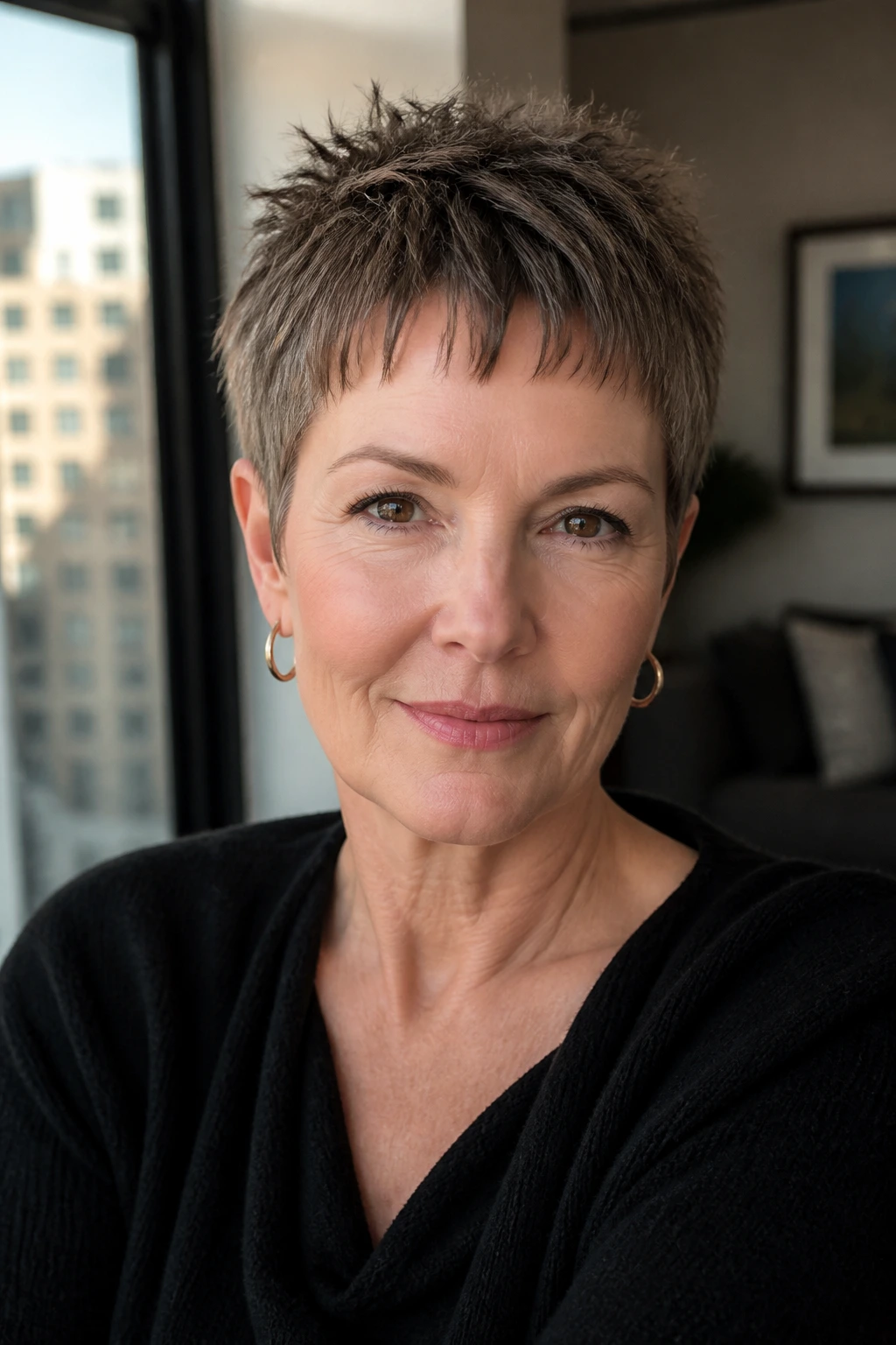 Portrait of a real woman in her 50s with a micro-fringe crop hairstyle
