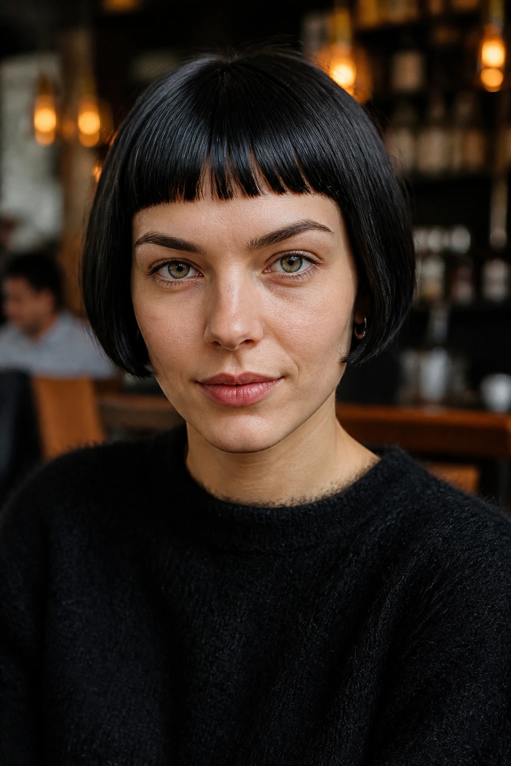 Close-up of a real woman with a micro fringe cropped bob.
