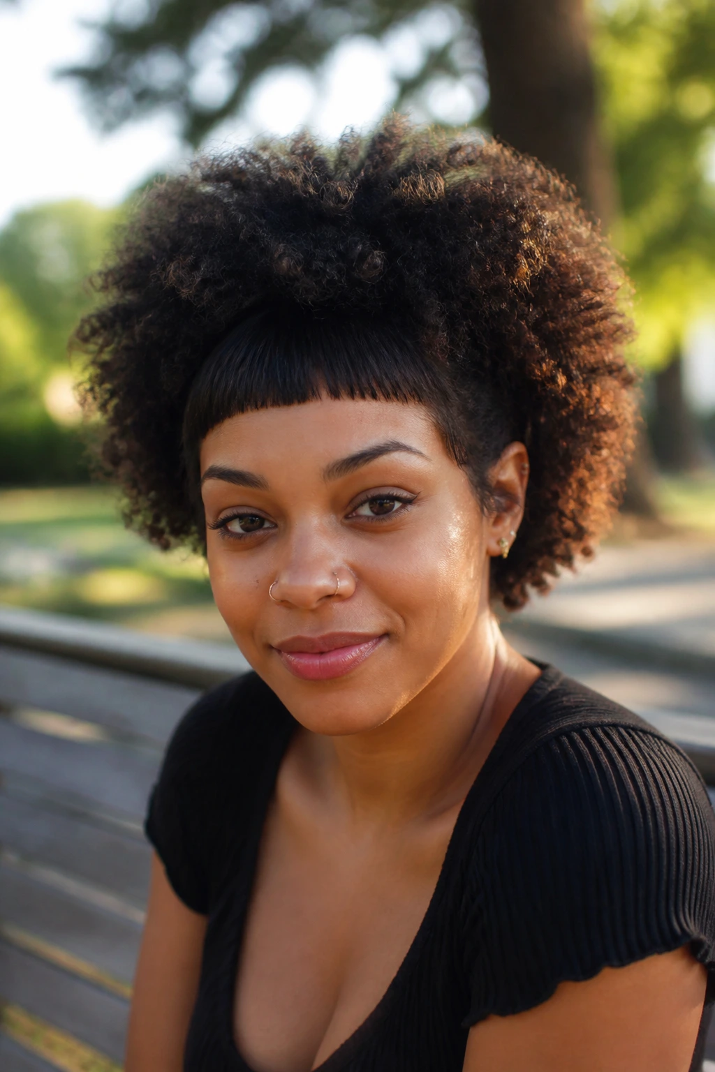 Real person with micro fringe and crown volume