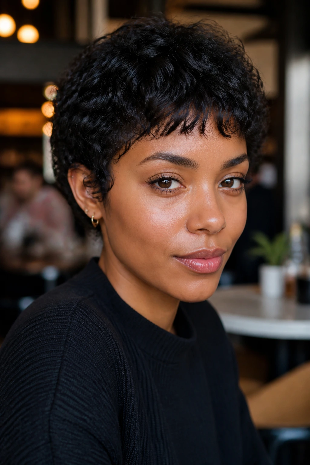 Close-up portrait of a real woman with a micro-fringe curl crop and feathered fringe.