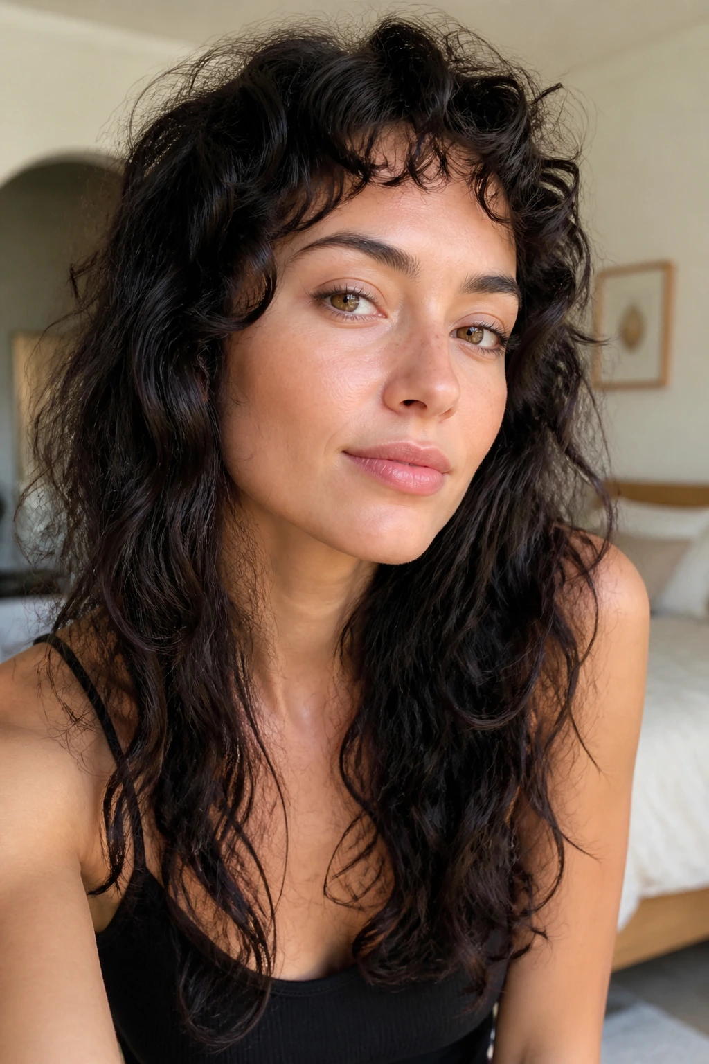 Close-up of a real woman with air-dried micro fringe and long ends in curly hair.
