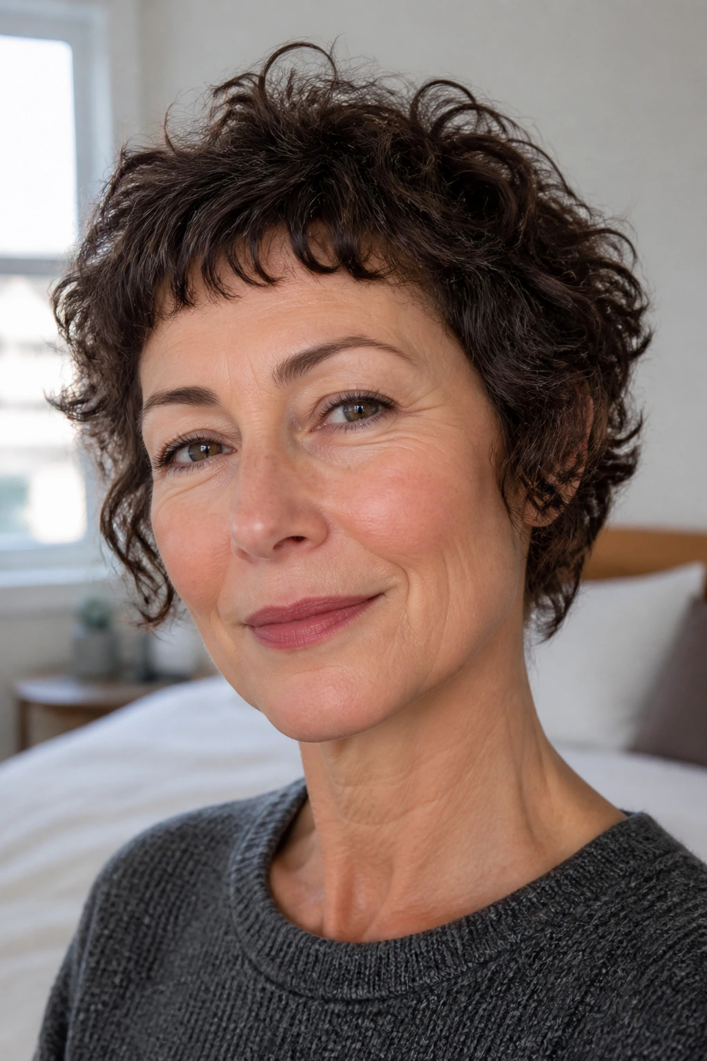 Close-up portrait of a real woman with micro-fringe curly pixie bob in bright bedroom light
