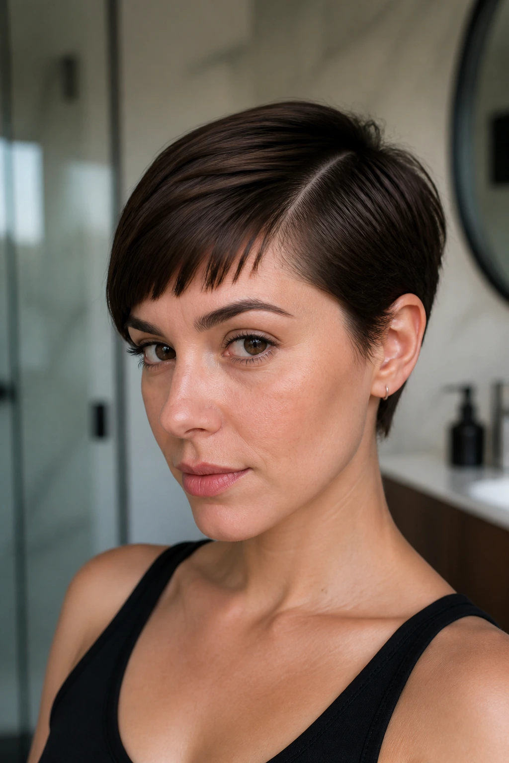Close-up of a real person with deep side-part micro fringe on an oval face