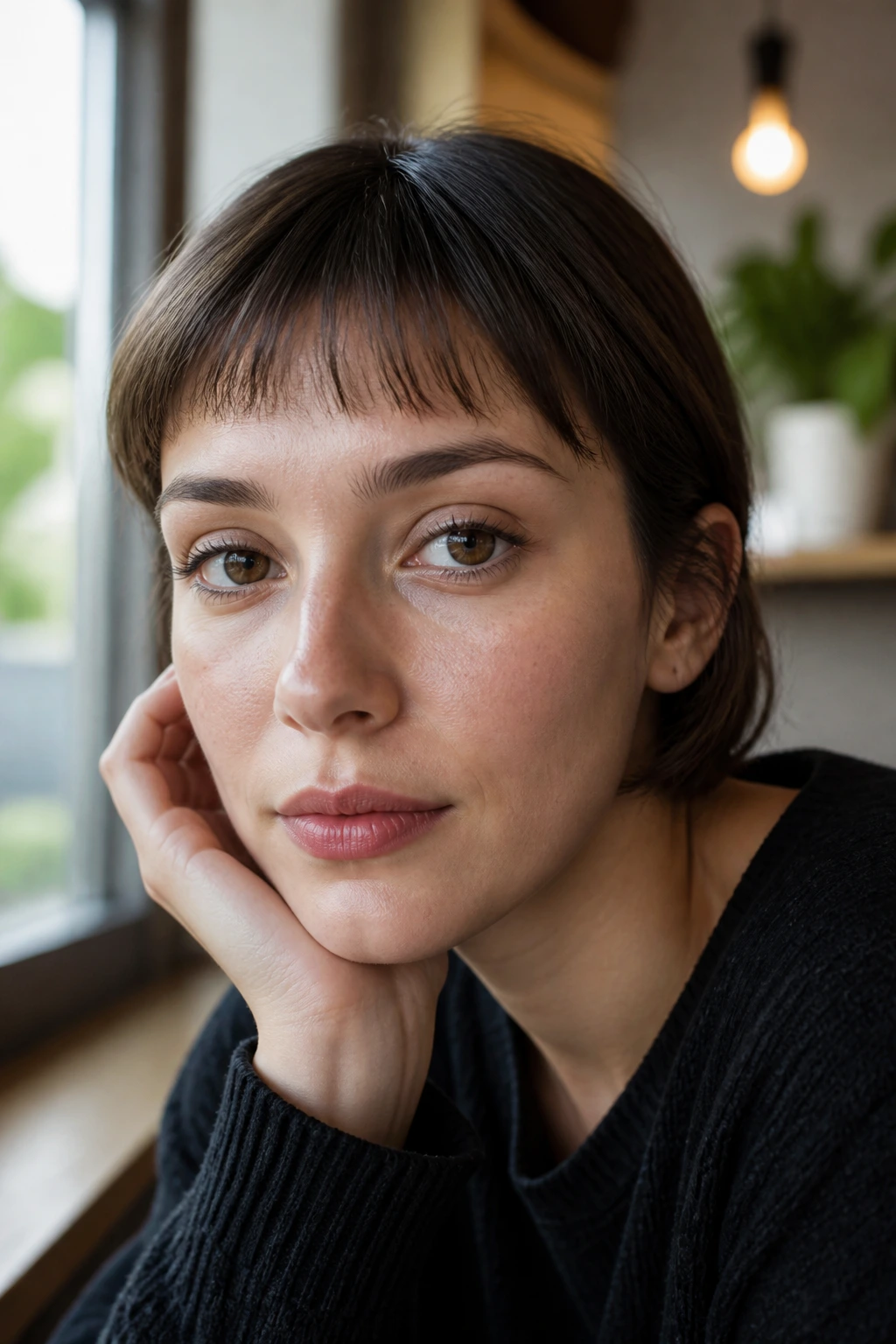 Close-up of a real person with micro fringe above the brows and soft ends in natural light.