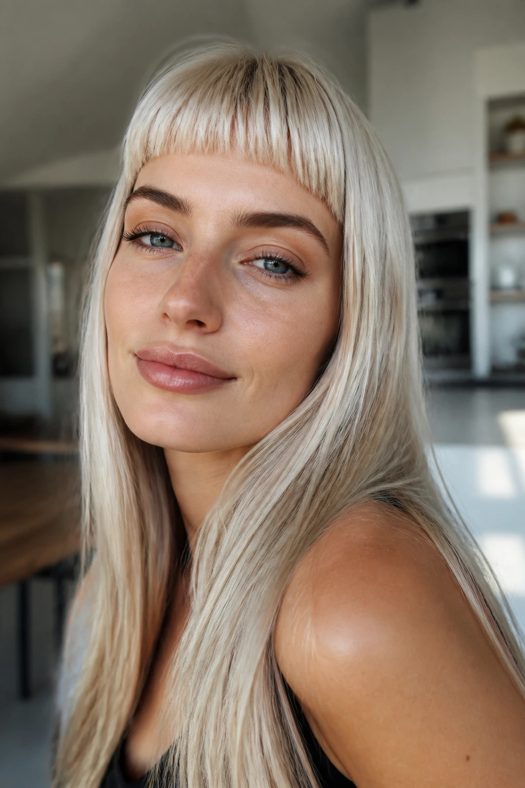 Close-up of a real woman with micro fringe in icy blonde in a bright kitchen