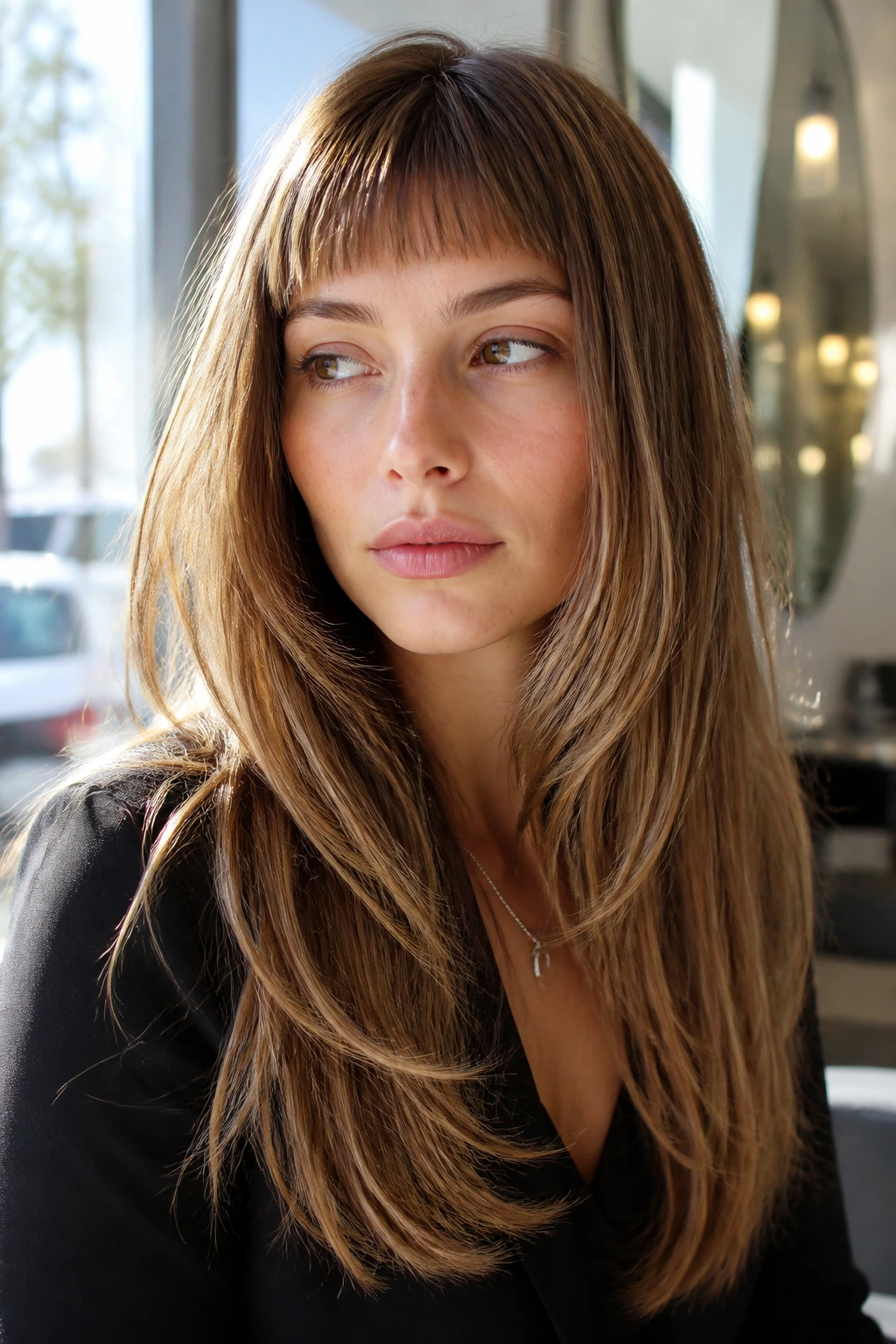 Close-up of real person with long layers and a micro fringe