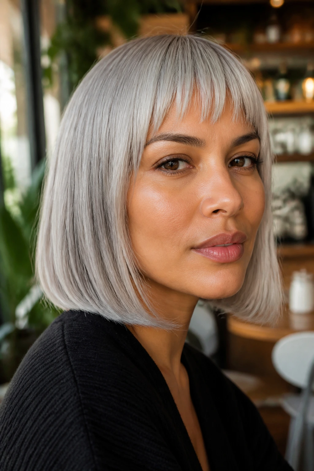 Portrait of a woman with micro fringe and metallic silver lob.