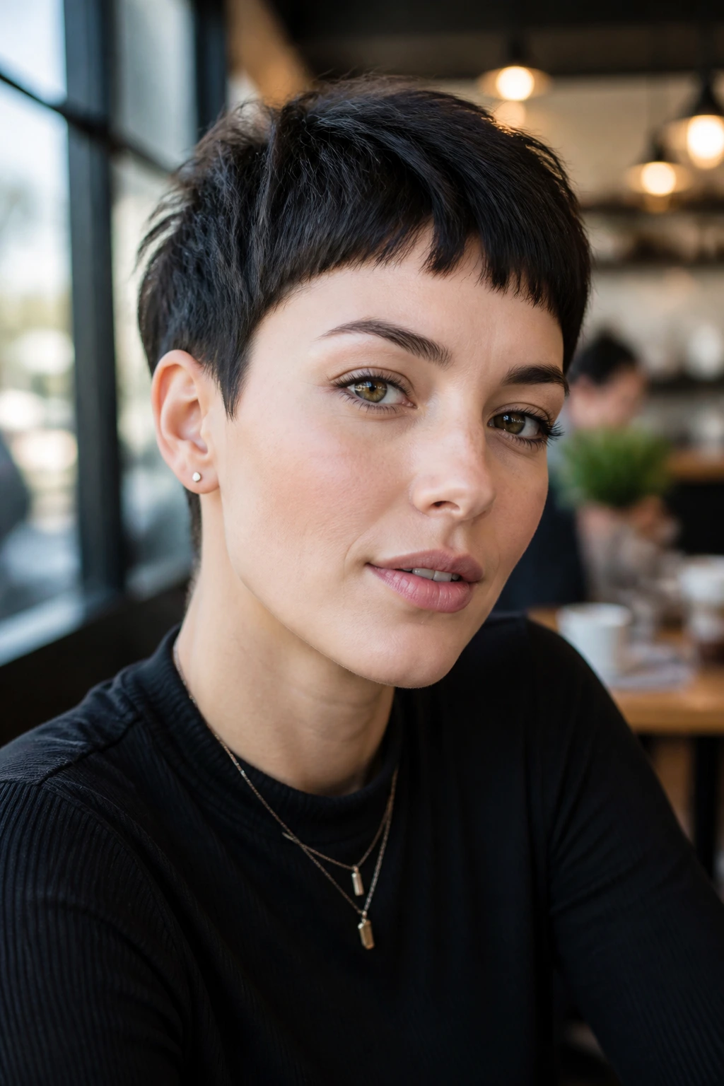 Real woman with micro fringe pixie and sharp line