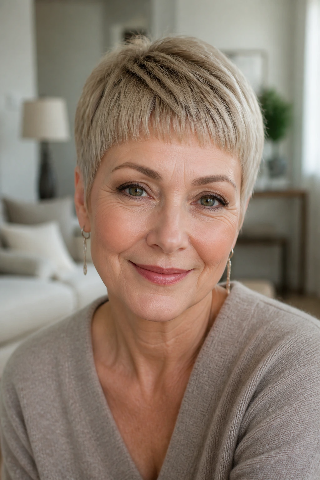 Close-up of a real woman with micro fringe pixie hairstyle