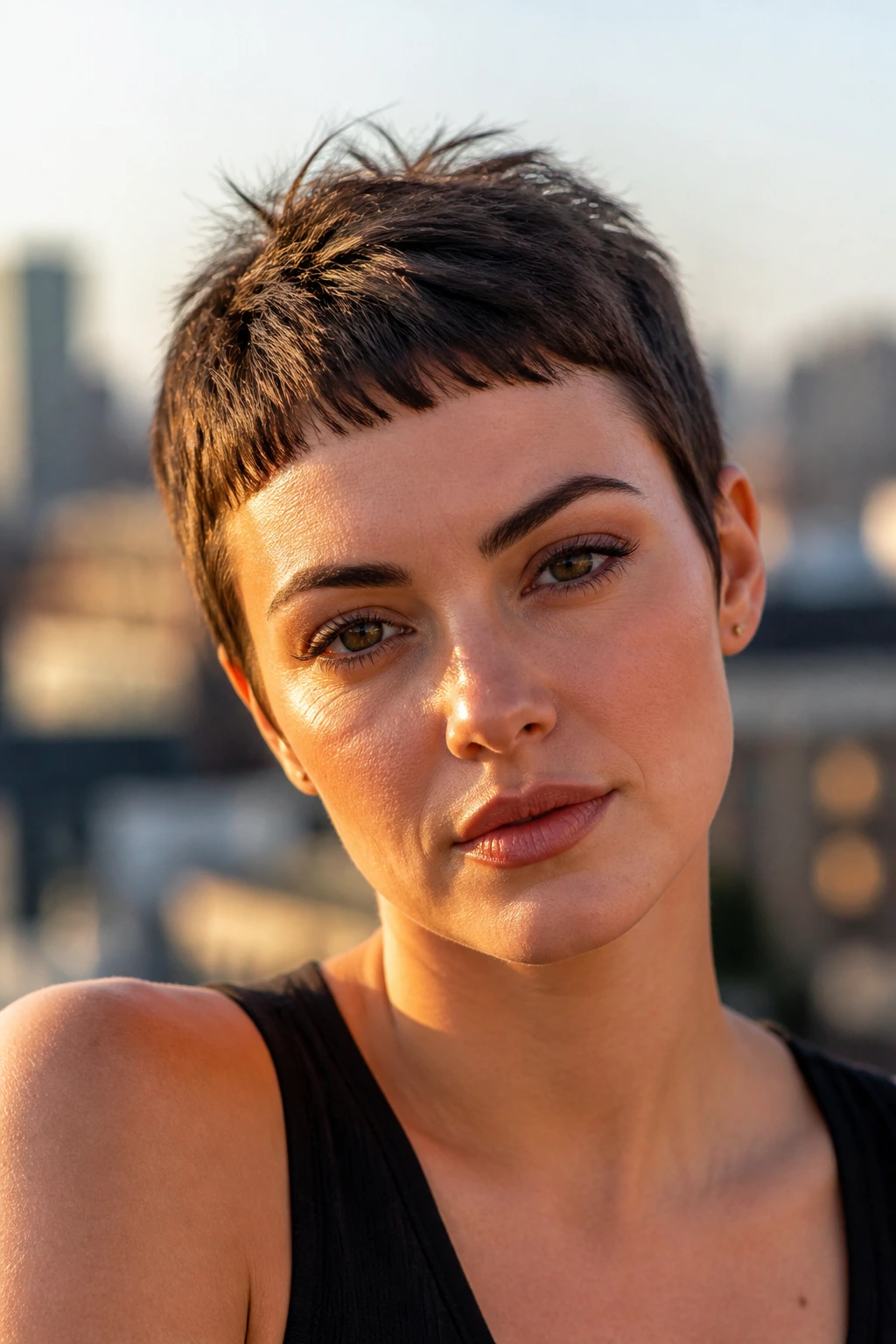 Micro-fringe pixie close-up with high fringe and lifted crown