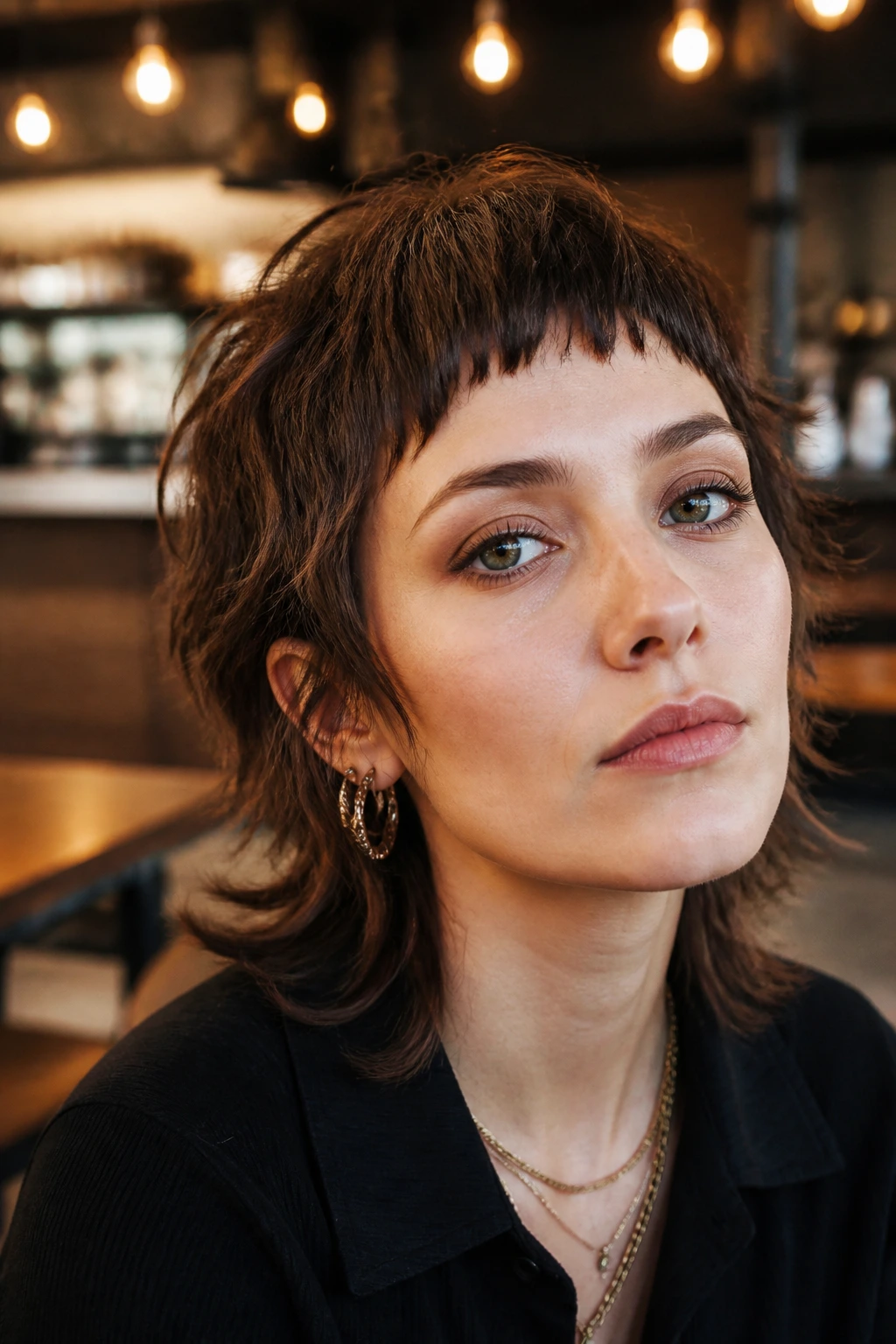 Portrait with micro fringe and shag layers in a cafe setting