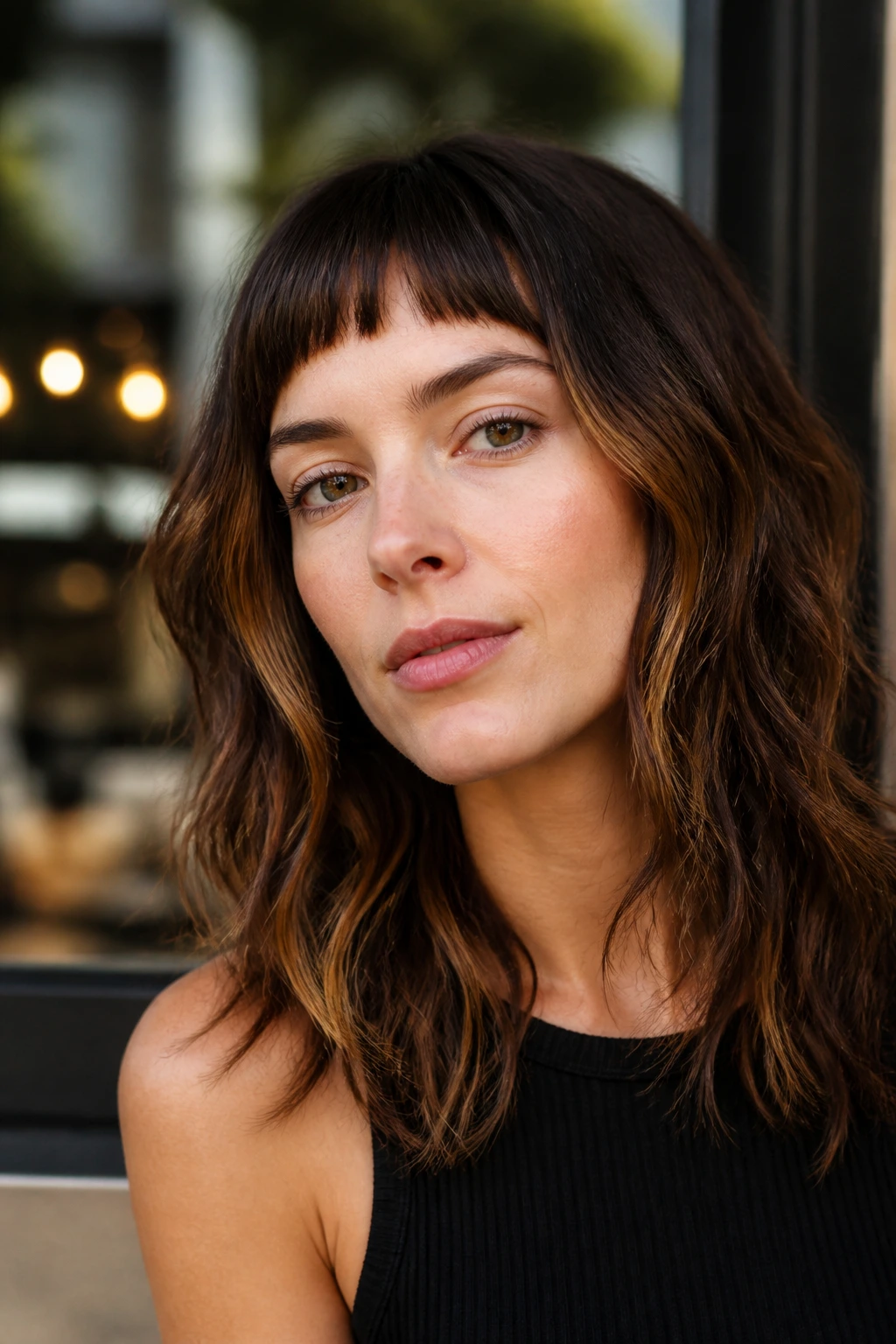 Close-up of a real woman with micro fringe and caramel highlights.