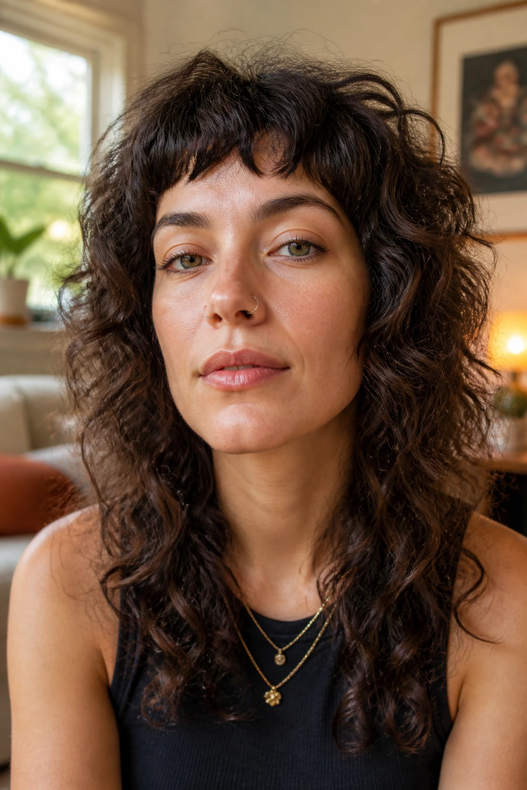 Close-up portrait of a real woman with micro-fringe shag curls.