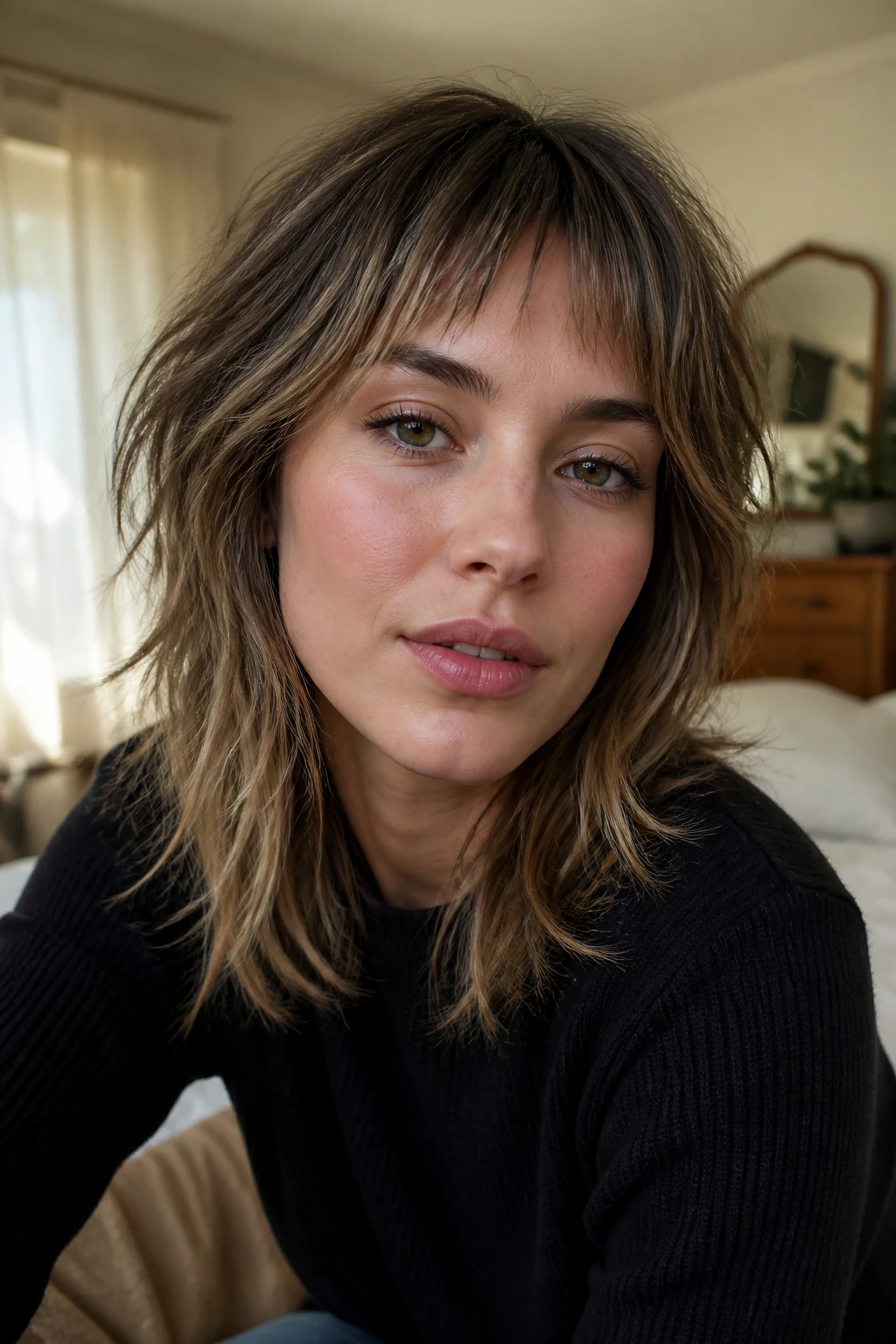 Close-up of woman with wispy micro fringe shag