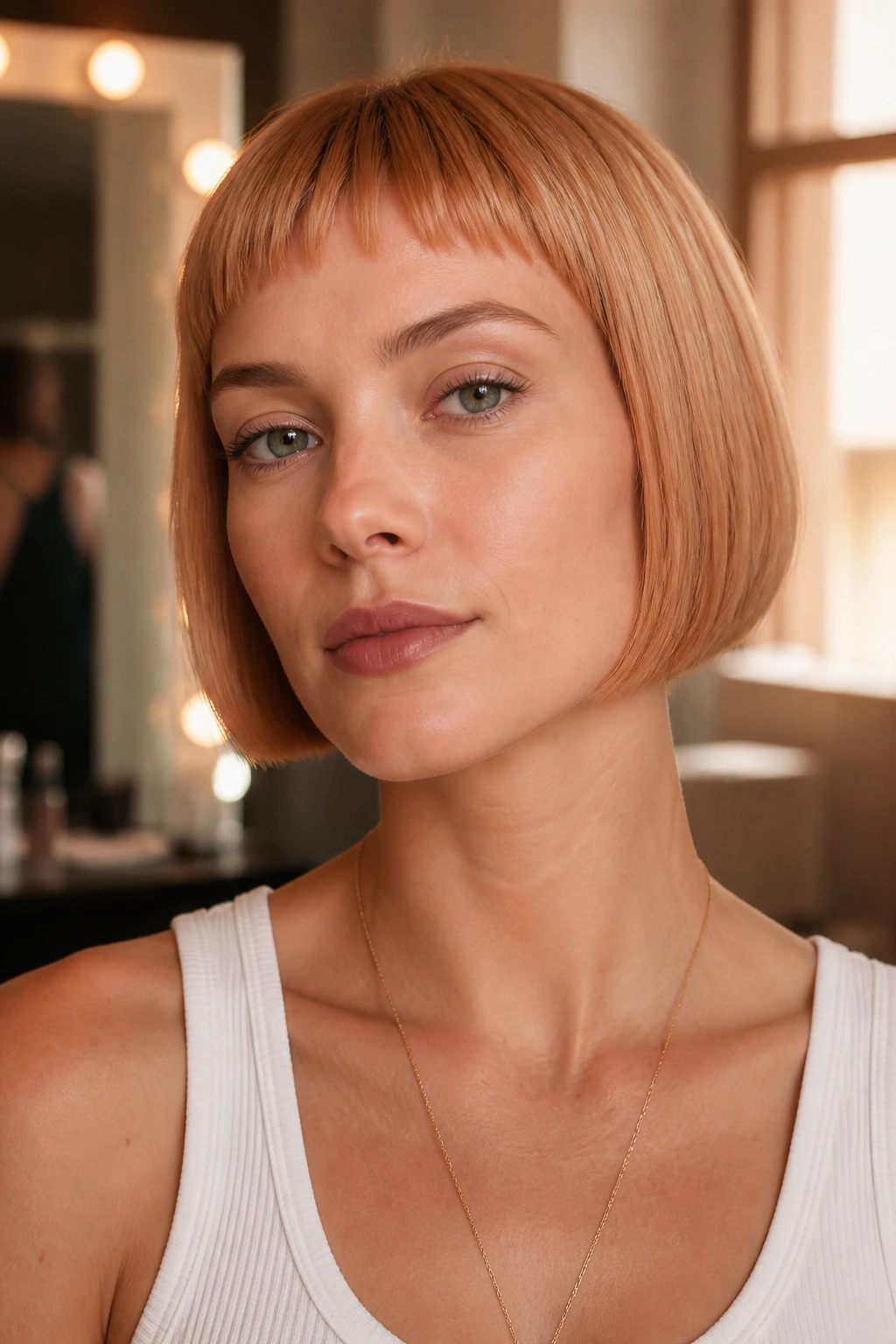 Close-up portrait of a real woman with micro fringe bob in strawberry blonde under warm window light