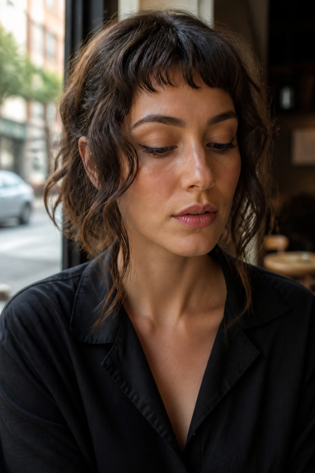 Close-up of a real woman with a wavy micro-fringe and long frame pieces