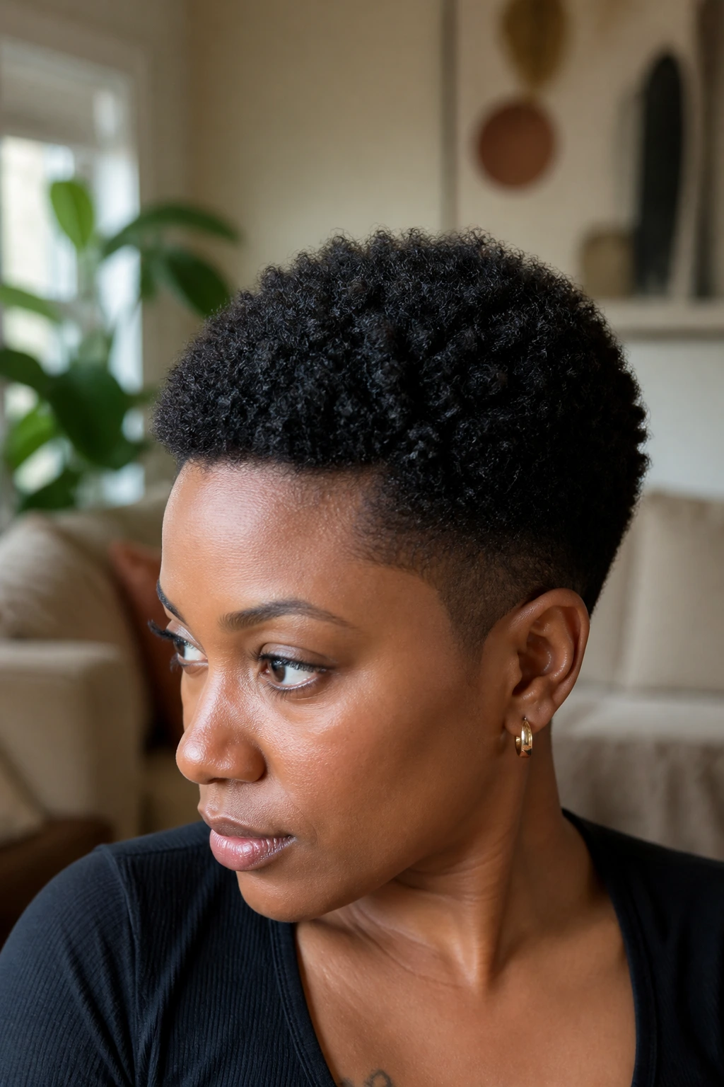 Close-up portrait of a real Black woman with micro fro two-block haircut showing crown texture
