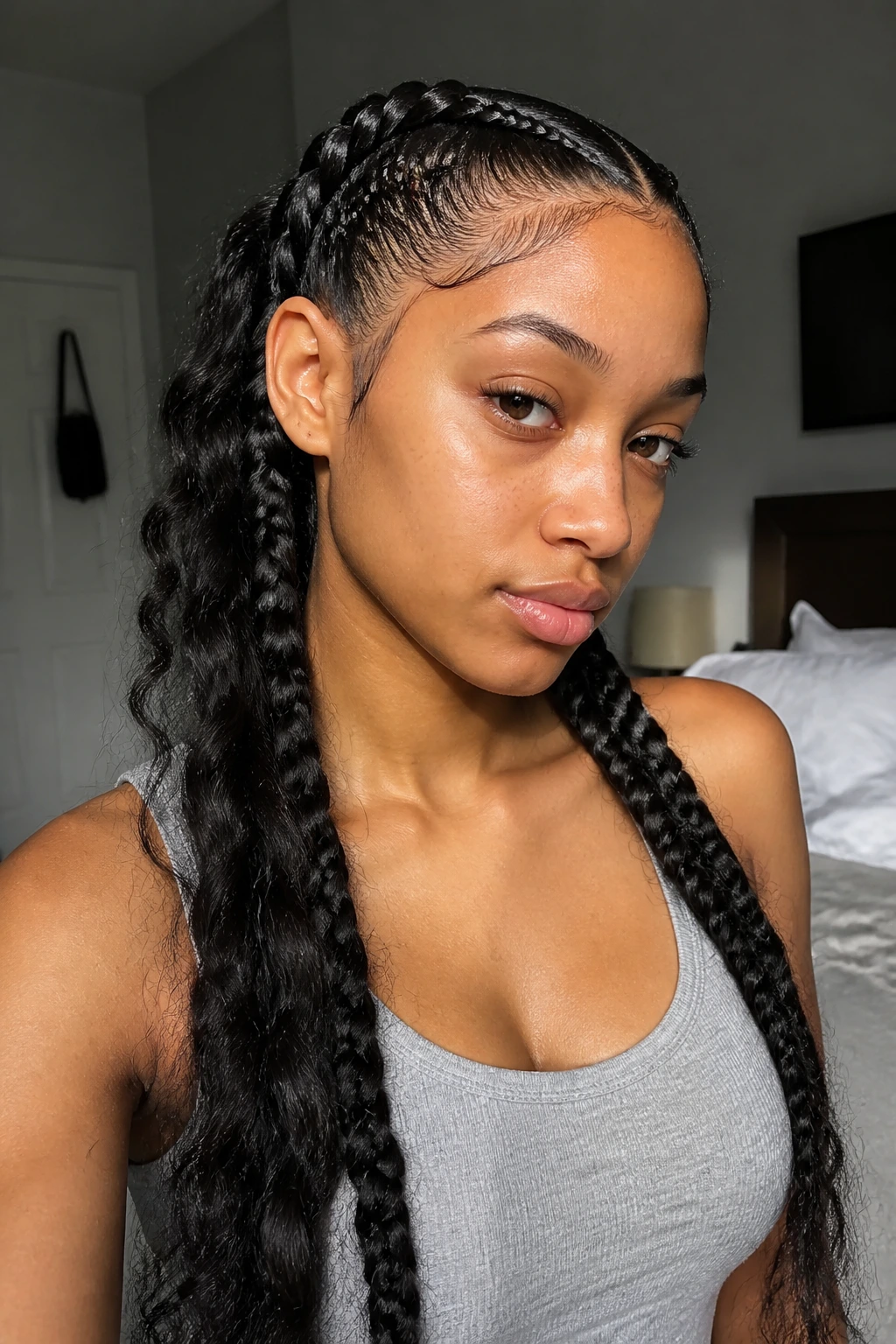 Close-up of micro-front twin braids with long lengths on a real person