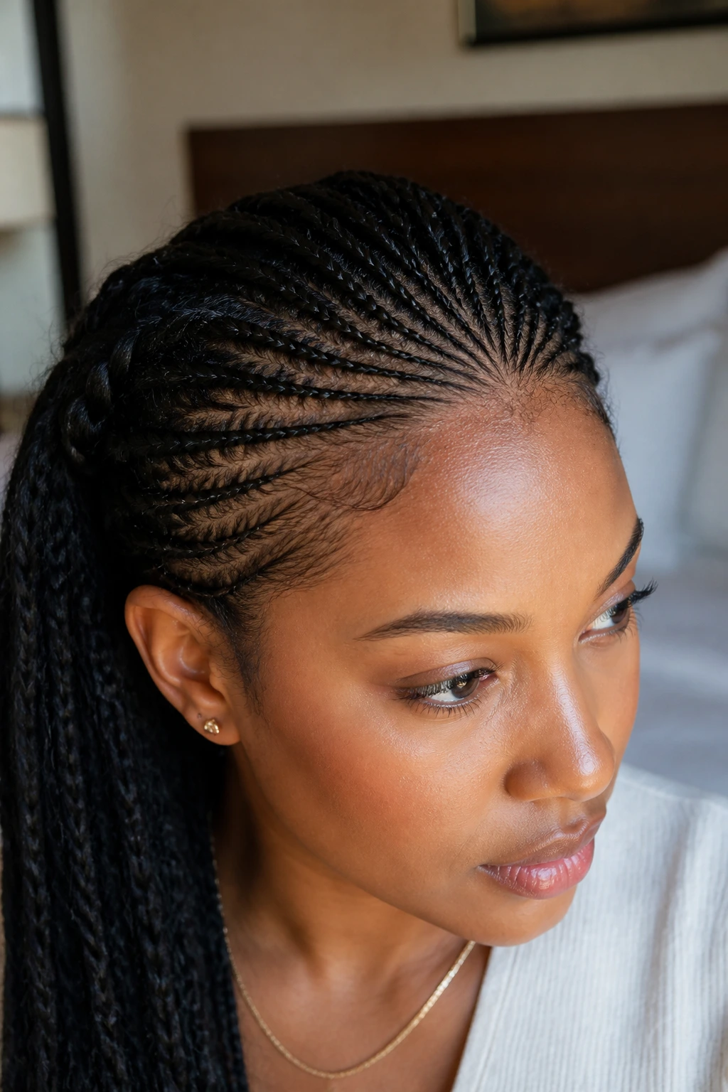 Real woman with micro hairline braids along the front hairline