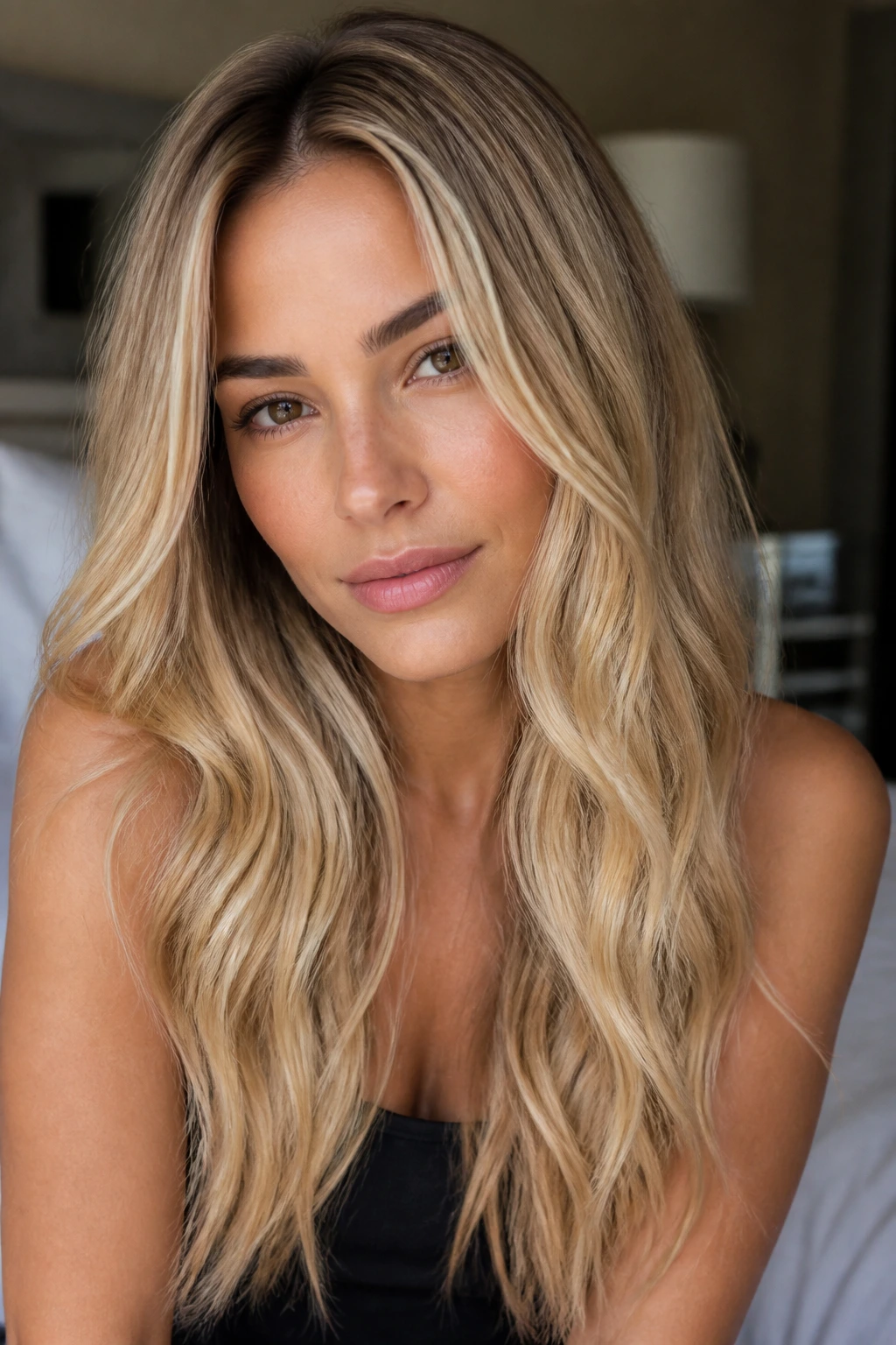 Close-up portrait of a person with micro-highlight cream blonde hair