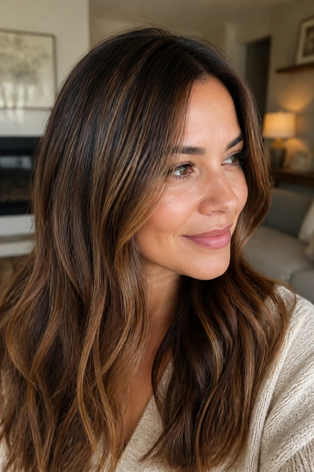 Close-up of brunette with tiny cinnamon-sugar micro-highlights around crown