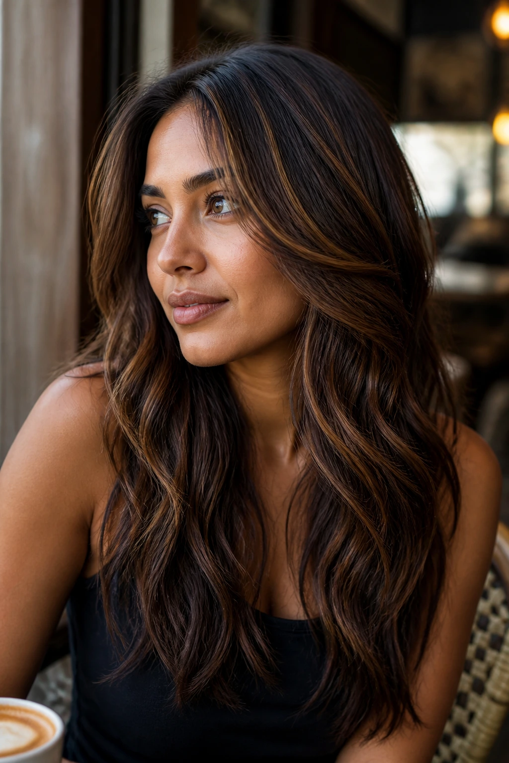 Close-up portrait of a real woman with cocoa and gold micro-highlights in brunette hair, tan skin.