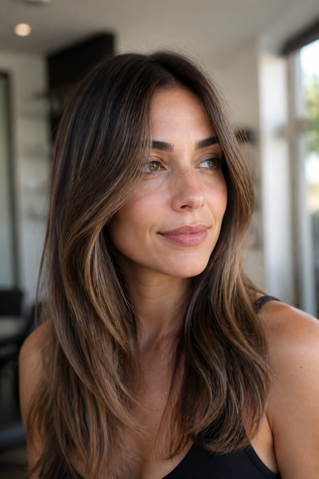 Close-up of fine-brunette hair with subtle micro-highlights