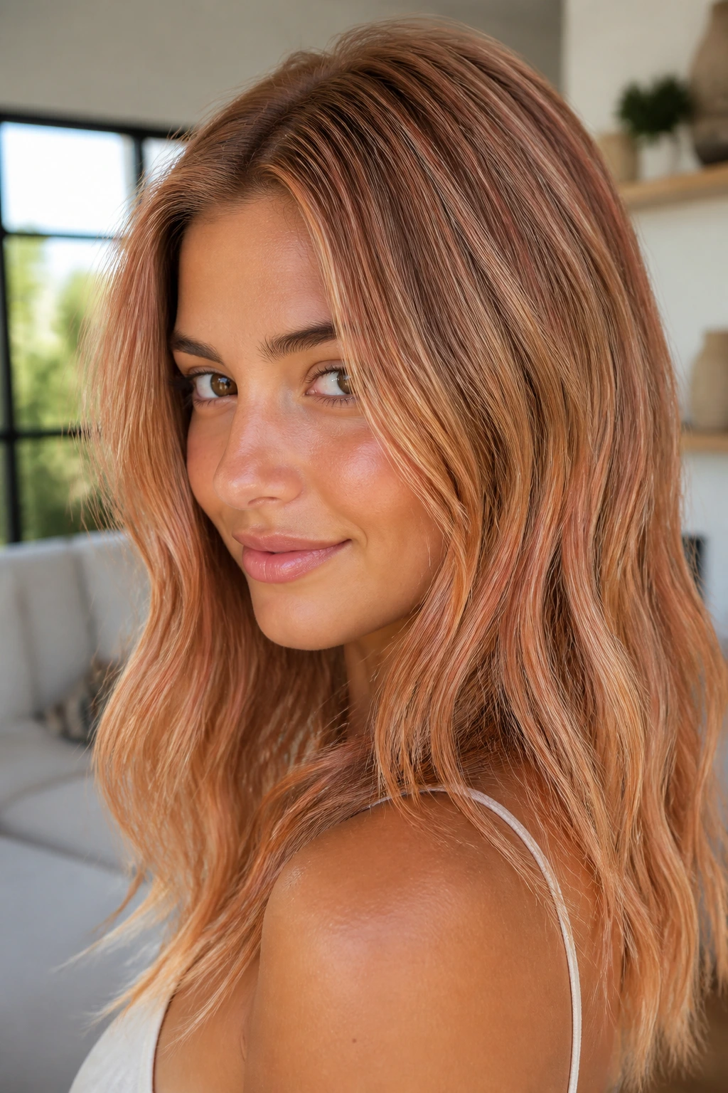 Close-up of hair with fine honeyed strawberry micro-highlights and glossy finish.