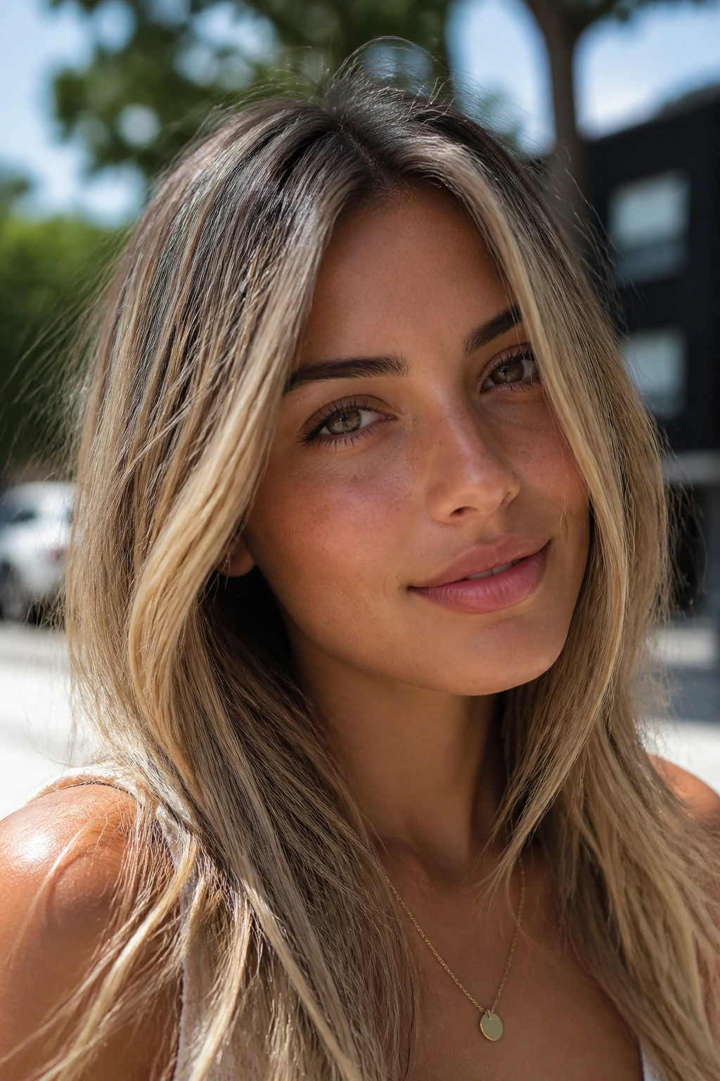 Portrait of a real person with tiny scattered highlights through the hair in natural light.