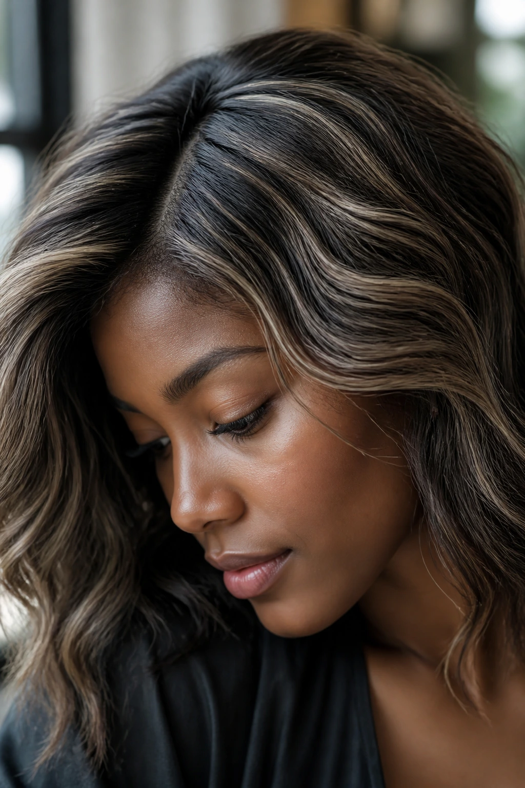 Close-up of hair with Scandinavian micro-highlights on deep skin