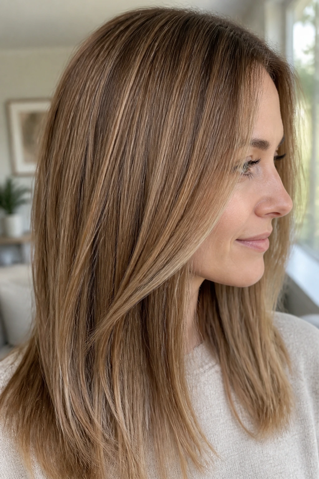 Real person with micro honey highlights in fine hair
