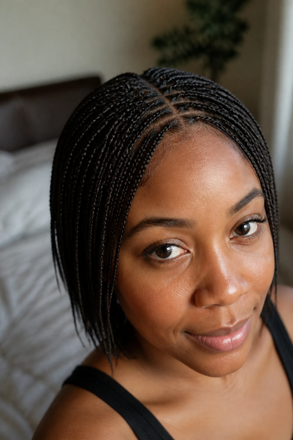Close-up of real woman with micro knotless braids showing tiny braids and scalp parting