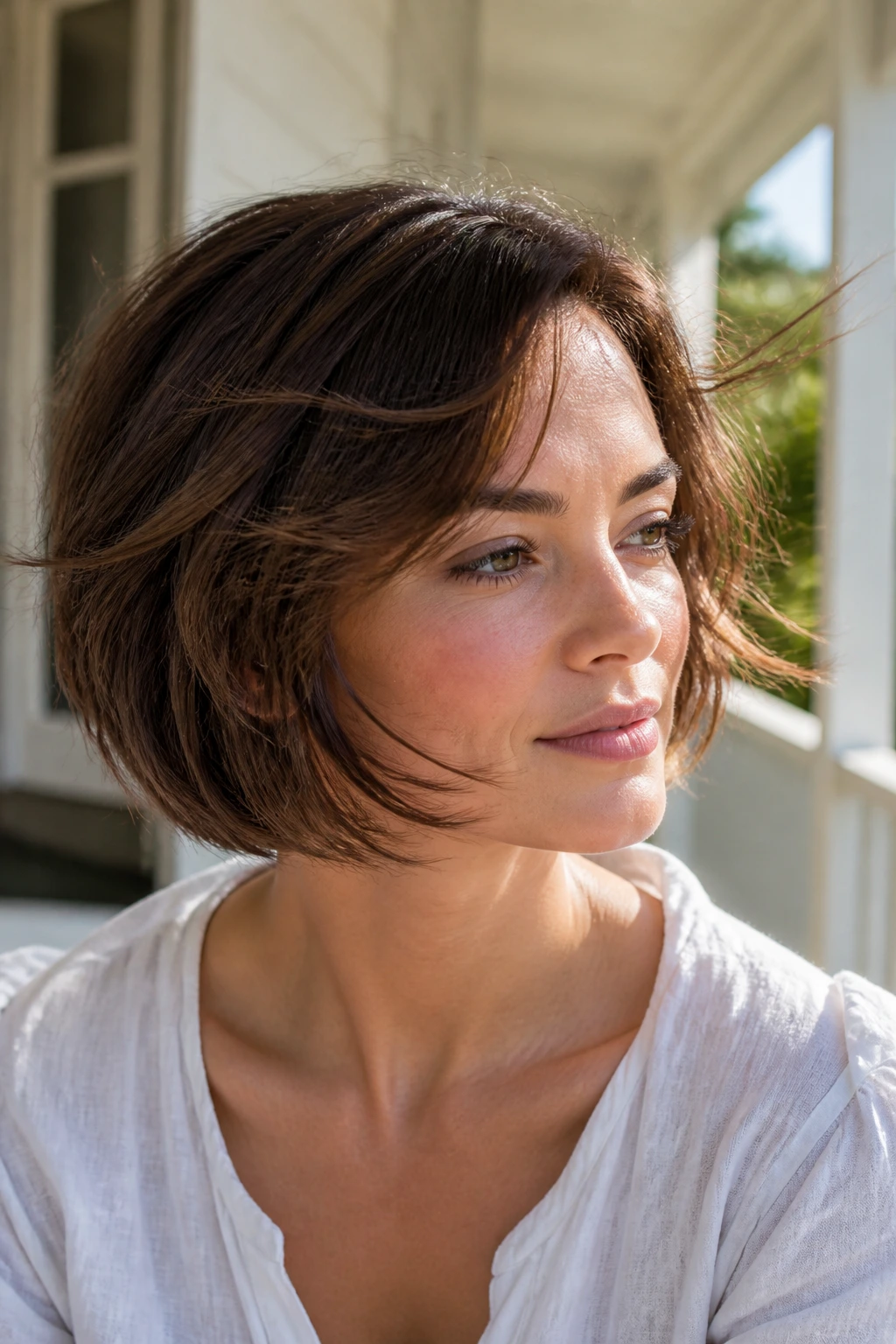 Real woman with micro-layer bob showing movement on a breezy porch.