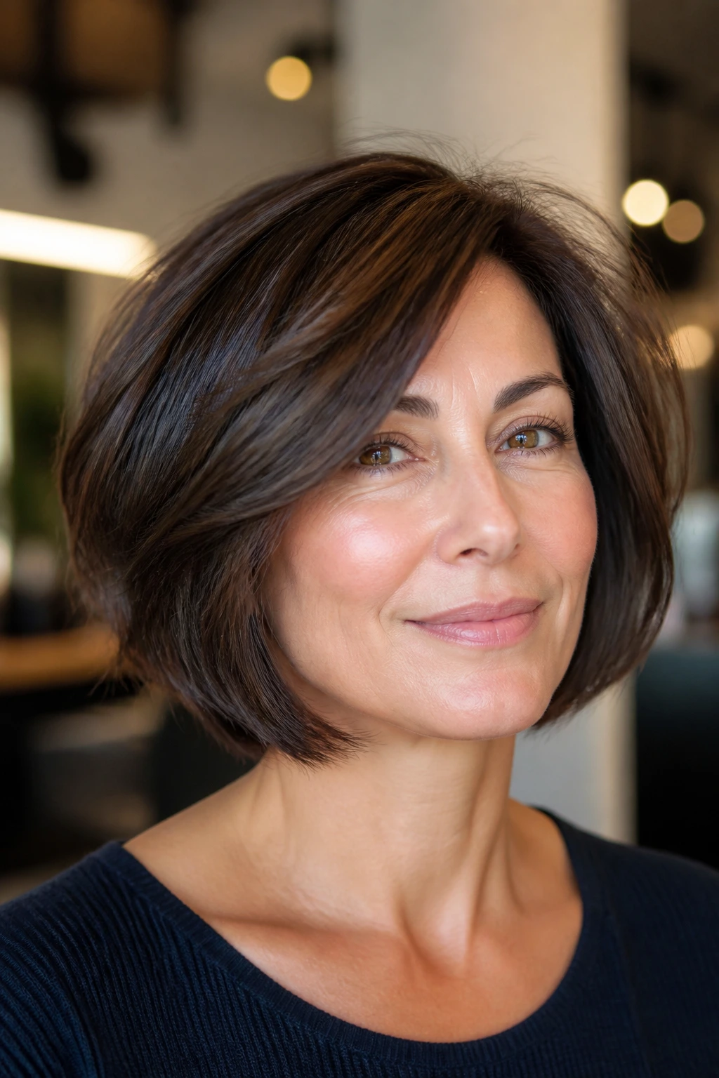 Close-up of a real woman with micro-layered thick bob