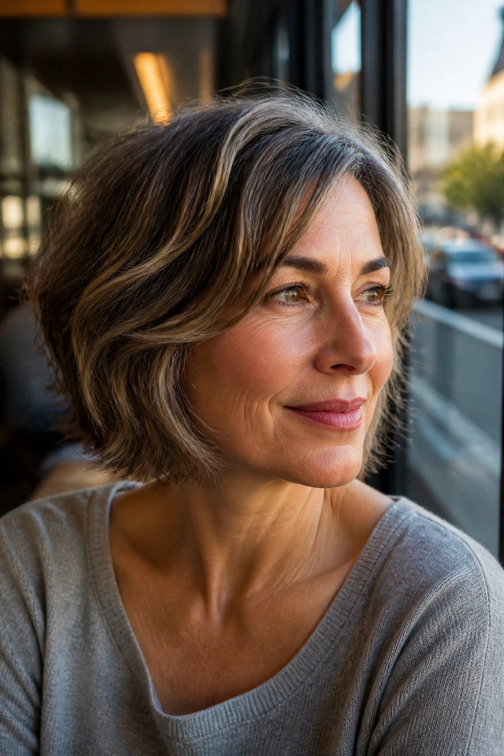 Real woman with micro-layer bob and soft ends in warm cafe light