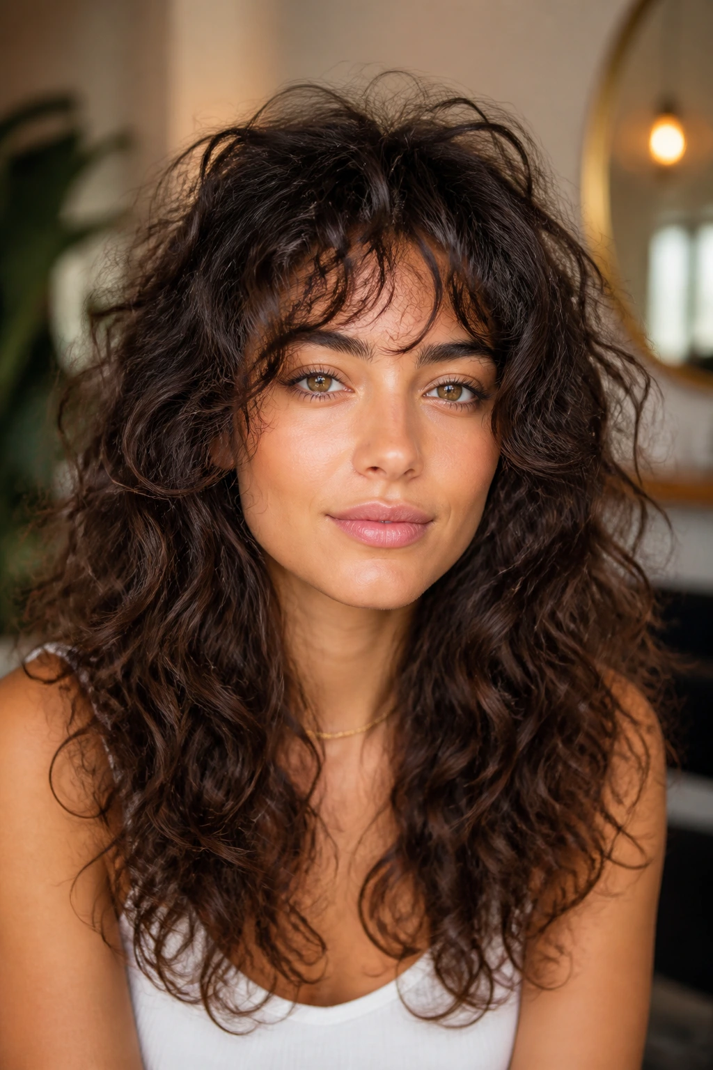 Close-up of a real woman with micro-layer crown lift in curls