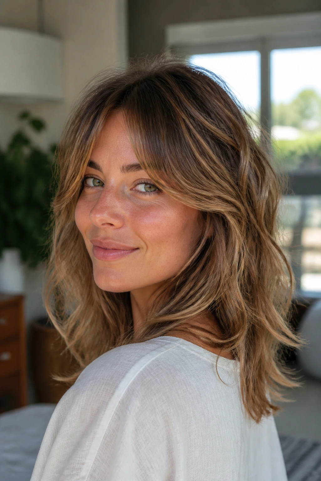 Close-up portrait of a real person with micro-layer lift shag showing interior layers and subtle movement in bright room