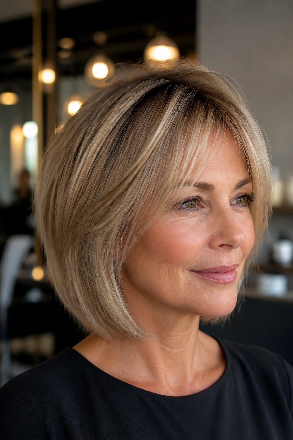 Close-up of a real woman with micro-layer lob showing lifted crown and full bottom