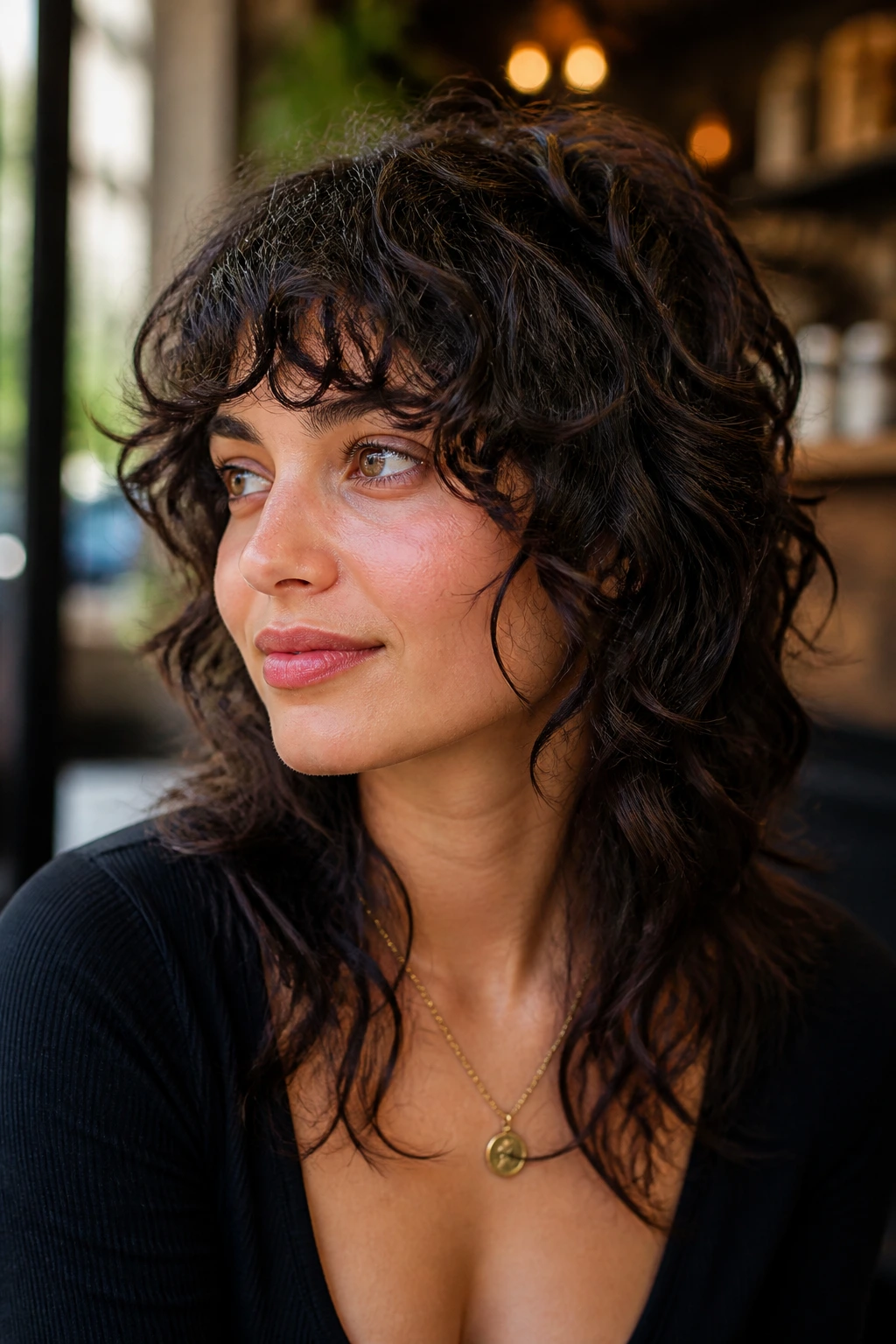 Close-up of a real woman with micro-layer shag showing defined curls around the temples