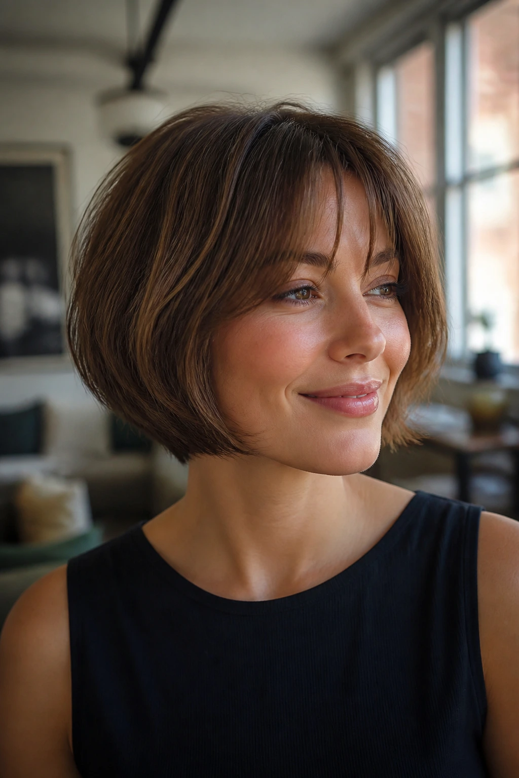 Real woman with micro-layered air bob showing inner lift and crisp outer edge in warm light.